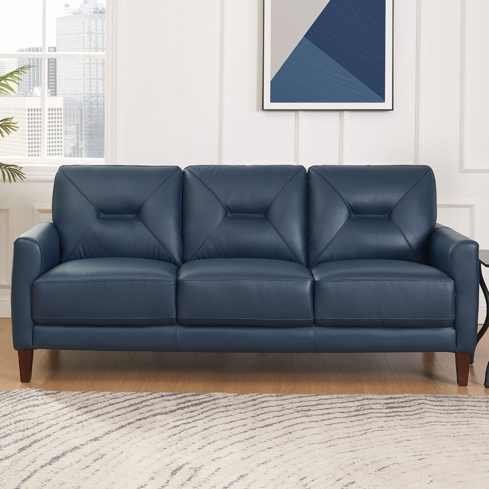 Mavis Leather Sofa Navy Memory Foam Genuine Leather 3 Seat