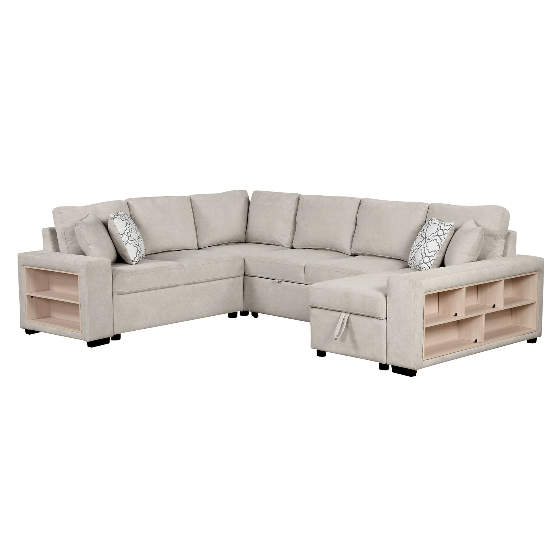 109" U Shaped Sectional Sofa Pull Out Sofa Bed With Two Usb Ports, A Storage Chaise Lounge And Four Back Pillows For Living Room, Beige Beige Foam Chenille 5 Seat