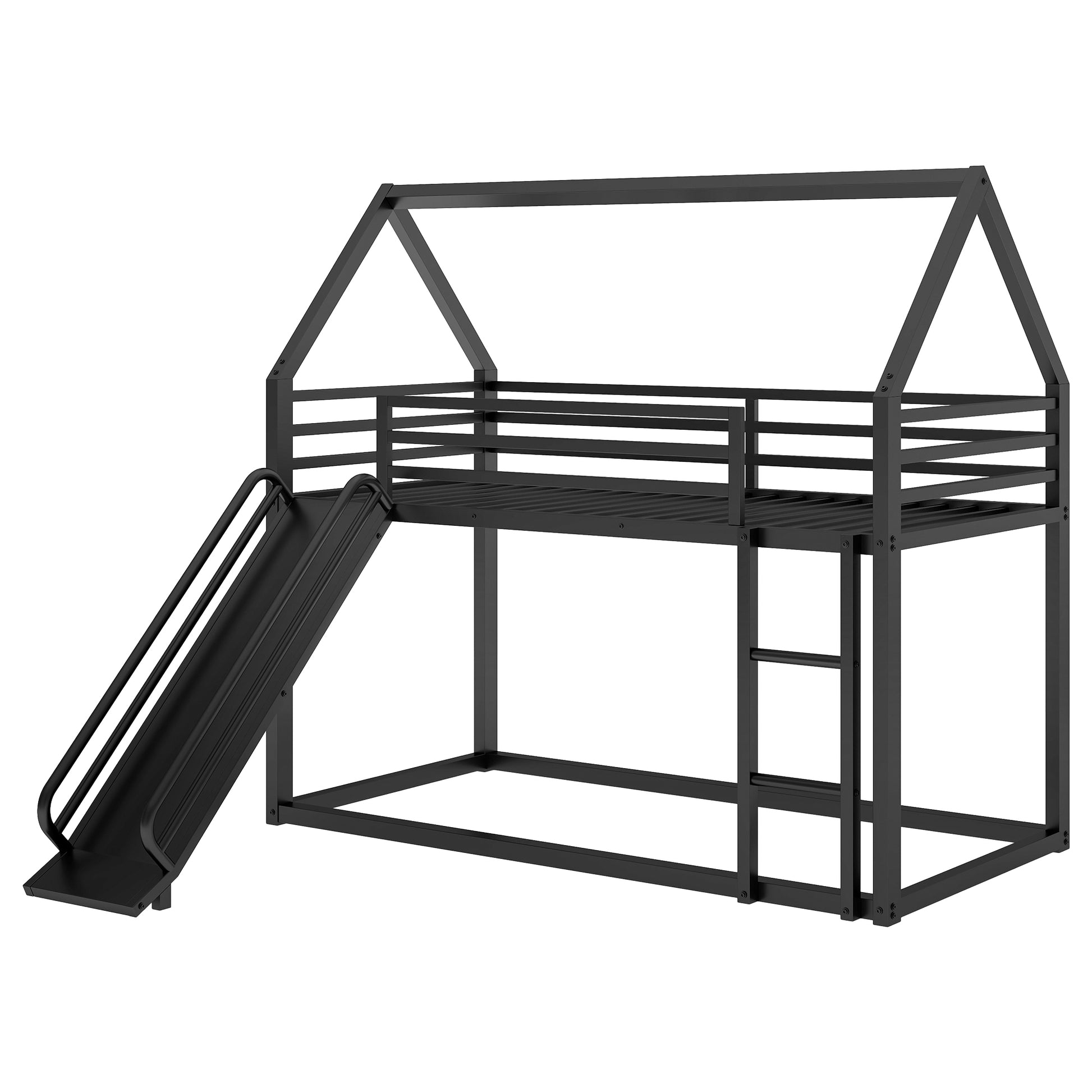 Twin Over Twin House Bunk Bed With Ladder And Slide,Black Twin Black Metal