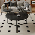 Modern Coffee Table With Two Display Shelves, Black Faux Marble Surfaces, Tripod Inspired Base,Rounded Tabletop Edges Matte Black Mdf