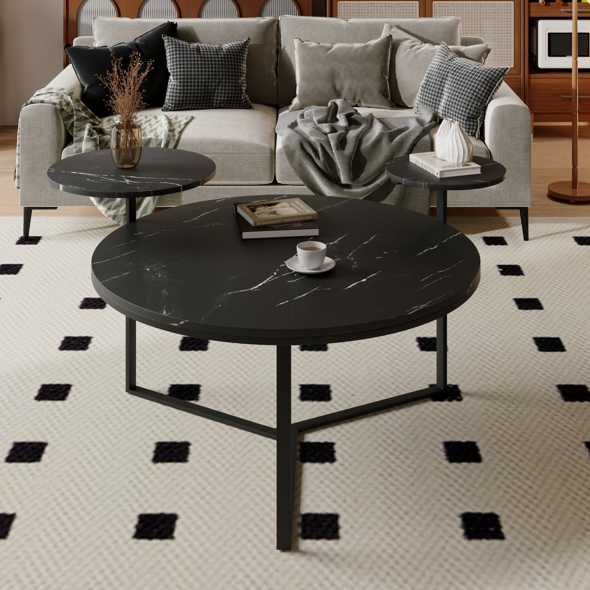Modern Coffee Table With Two Display Shelves, Black Faux Marble Surfaces, Tripod Inspired Base,Rounded Tabletop Edges Matte Black Mdf