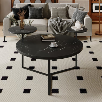 Modern Coffee Table With Two Display Shelves, Black Faux Marble Surfaces, Tripod Inspired Base,Rounded Tabletop Edges Matte Black Mdf