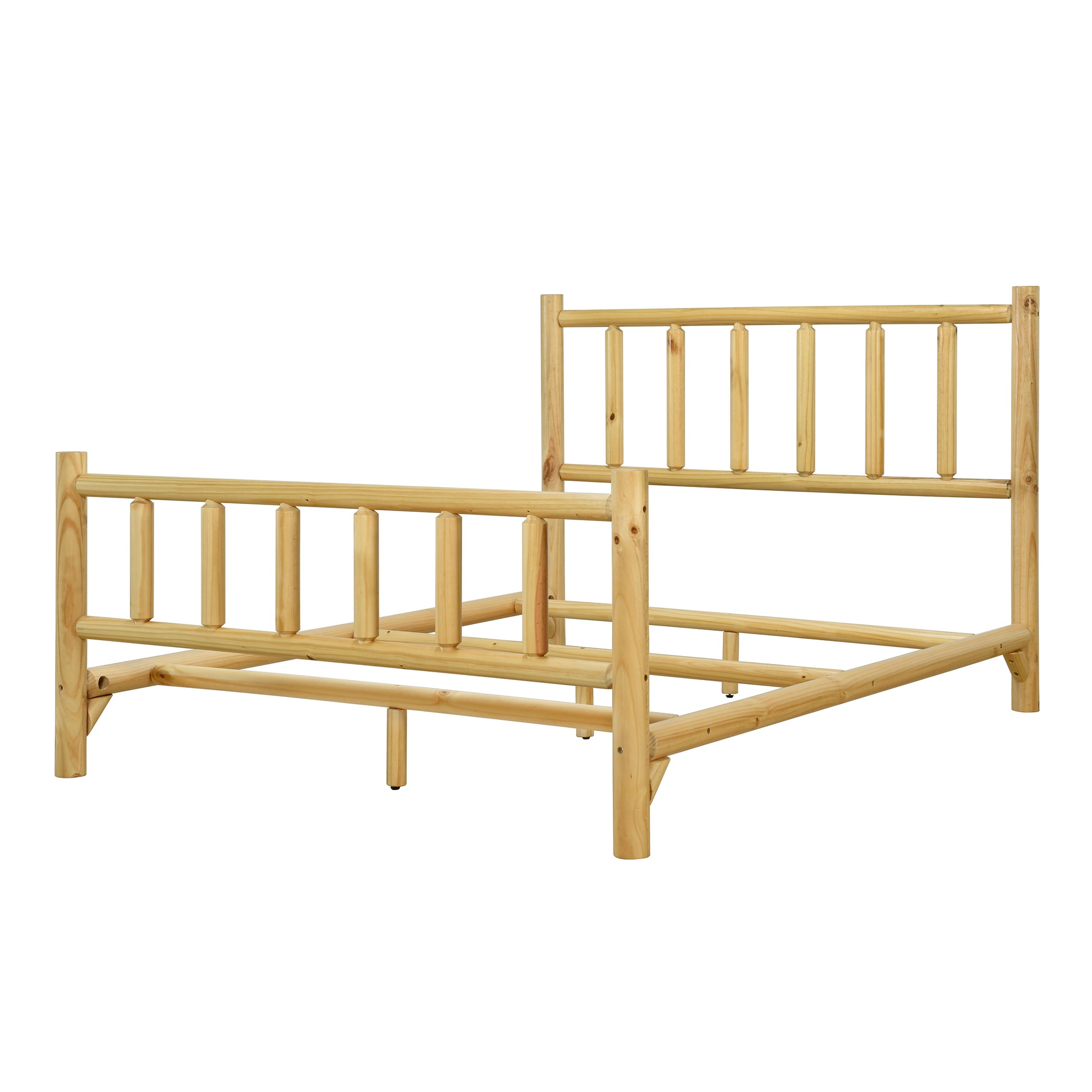 Farmhouse Log Bed Frame Queen Rustic Style Pure Solid Pine Cylinder Construction Bed Fits Mattresses And Box Springs, Natural Finish Queen Natural Pine