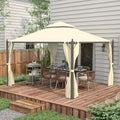 Outsunny 10' X 12' Steel Outdoor Patio Gazebo With Polyester Privacy Curtains, Two Tier Roof For Air, Large Design Beige Steel