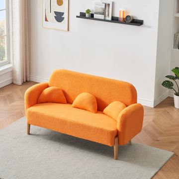 59.1" Teddy Velvet Beige Two Seater Sofa With Three Lumbar Pillows Orange Wood Primary Living Space Eucalyptus Square Arms Foam Teddy 2 Seat