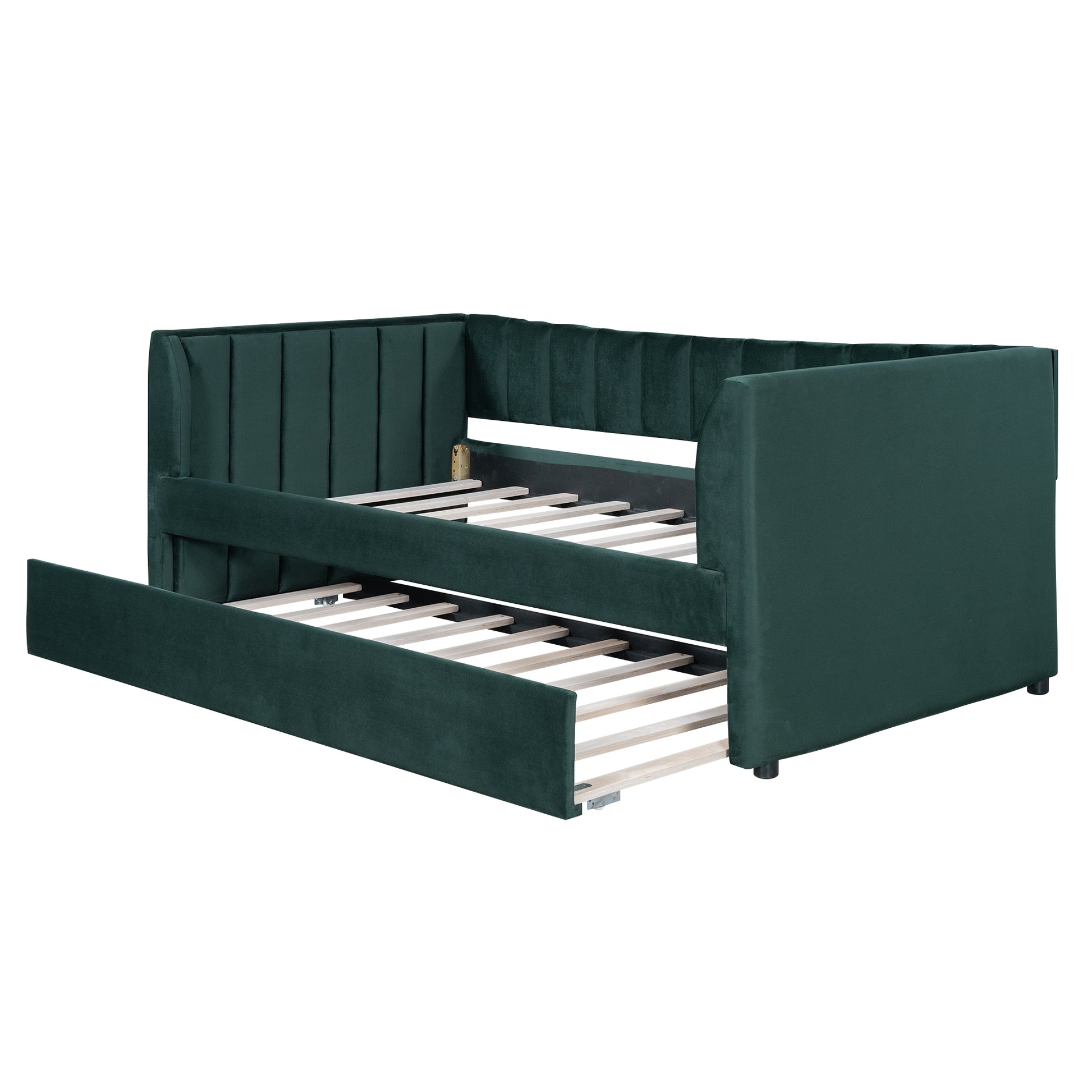 Twin Size Upholstered Velvet Daybed With Trundle, Green Box Spring Not Required Twin Green Wood Bedroom Bed Frame Velvet Upholstered