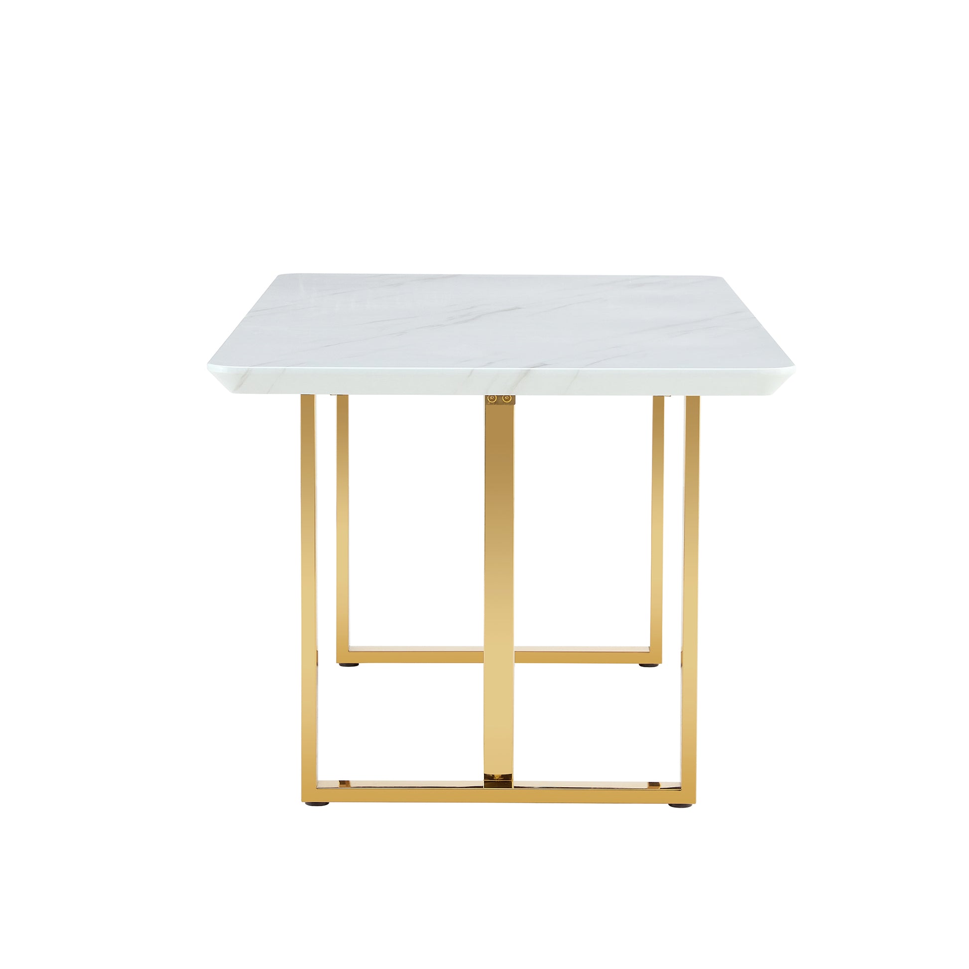 Table And Chair Set.67"X36" White Marble Pattern Mdf Dining Table Set With 6 White Pu Chairs.Mdf Sticker,White Marble Pattern Sticker,Gold C Tube Chair Legs,Suitable For Kitchen,Dining Room,Etc.