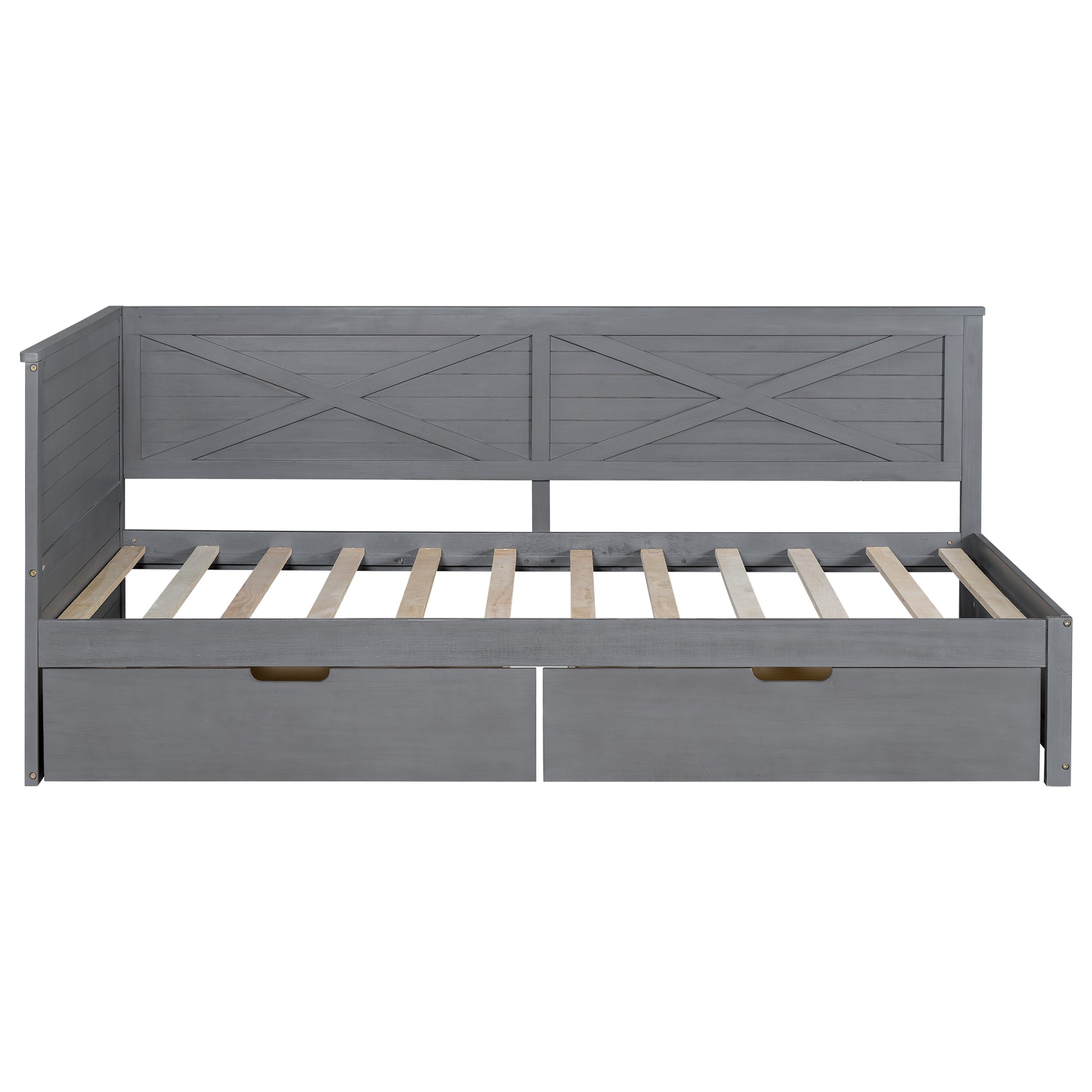 Twin Size Wood Daybed With 2 Drawers And Rustic Guardrail, Ancient Grey Expected Arrival Time: 8.28 Box Spring Not Required Twin Grey Wood Daybeds Solid Wood Mdf