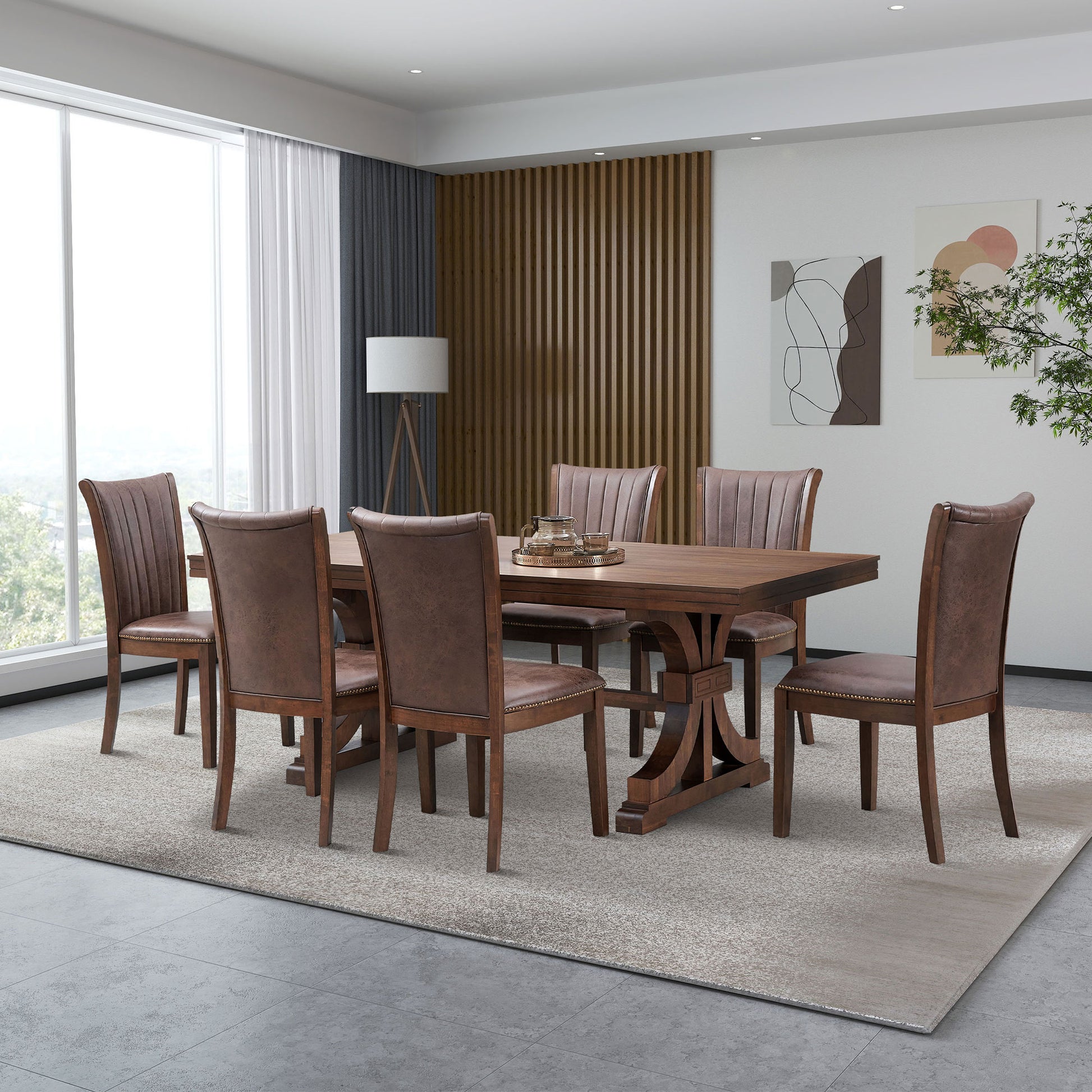 Mid Century Modern Dining Table Set For 7,Rectangular Table And 6 Kitchen Room Chairs,7 Piece Kitchen Table Set For Dining Room,Faux Leather Upholstered 6Pcs Side Chairs,Oak Oak Rubber Wood