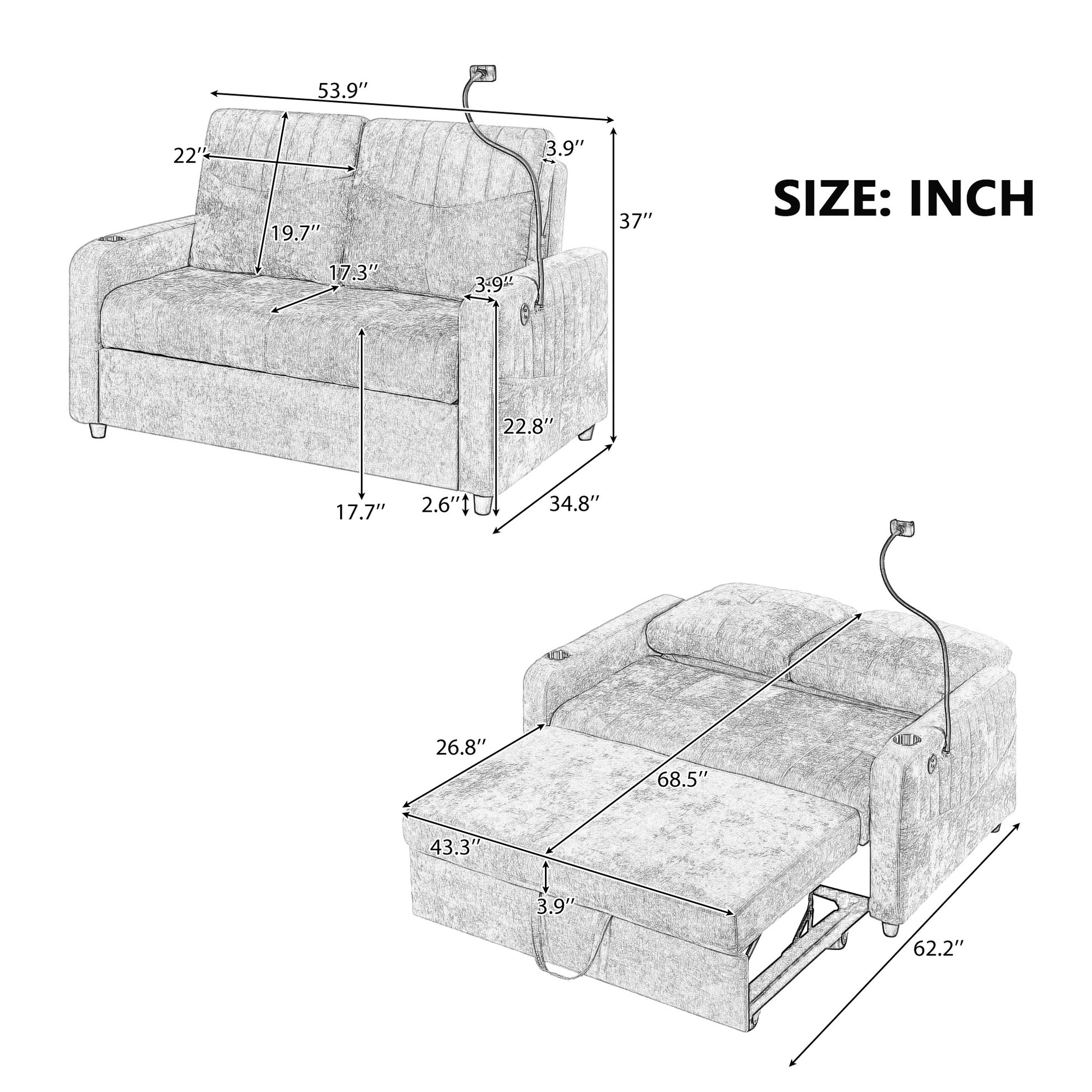 53.9" Modern Loveseat Pull Out Sofa Bed With Adjustable Backrest, Two Cup Holdersa Phone Holder, Three Charging Ports And Side Storage Pockets For Living Room, Grey Grey Foam Chenille