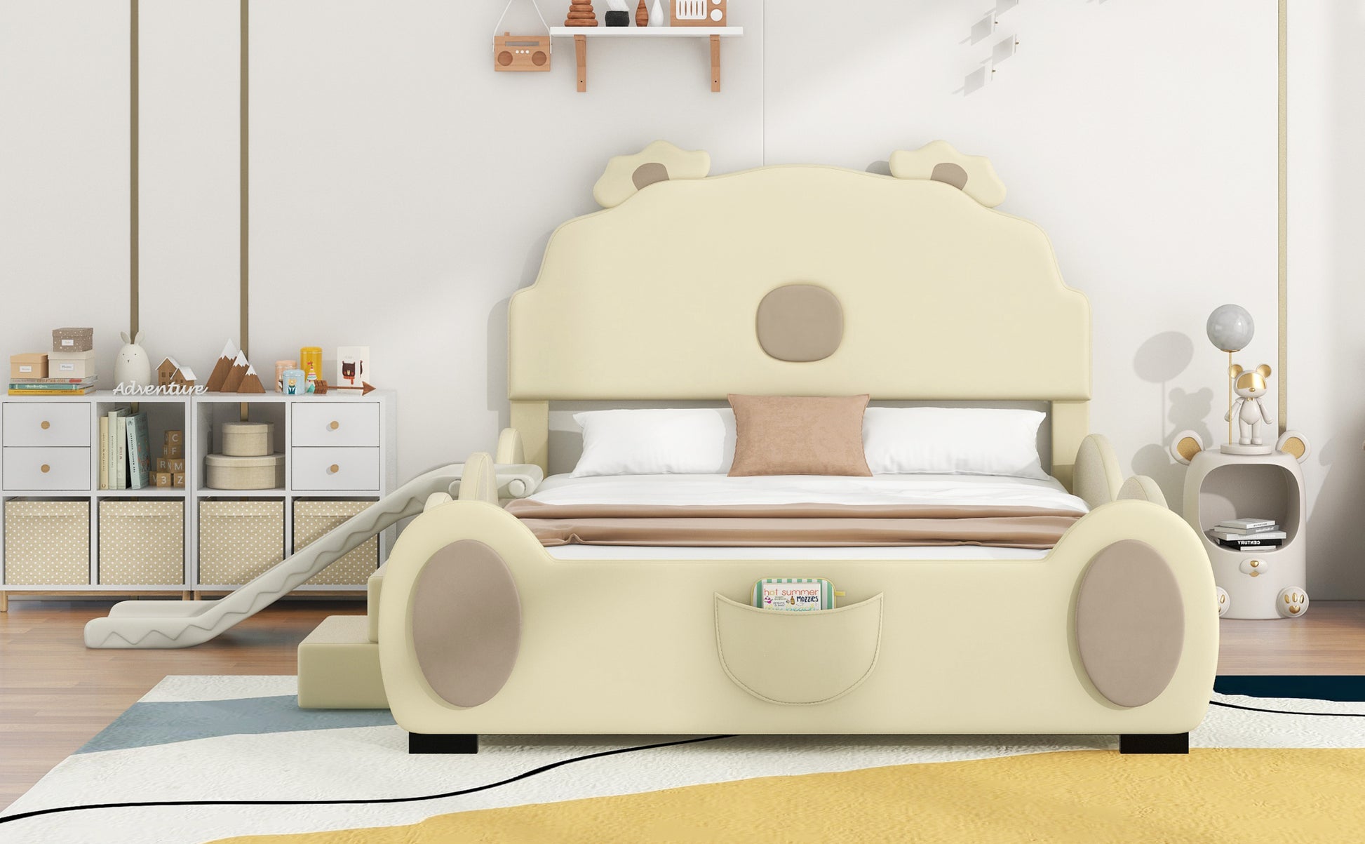 Full Size Upholstered Platform Bed With Piglet Shape Headboard And Children'S Slide, Beige Box Spring Not Required Full Beige Wood Bedroom Bed Frame Faux Leather Upholstered