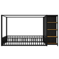 Full Size Floor Bed Frame With Wardrobe, Metal Floor Bed With Storage Shelves, Black Full Black Metal