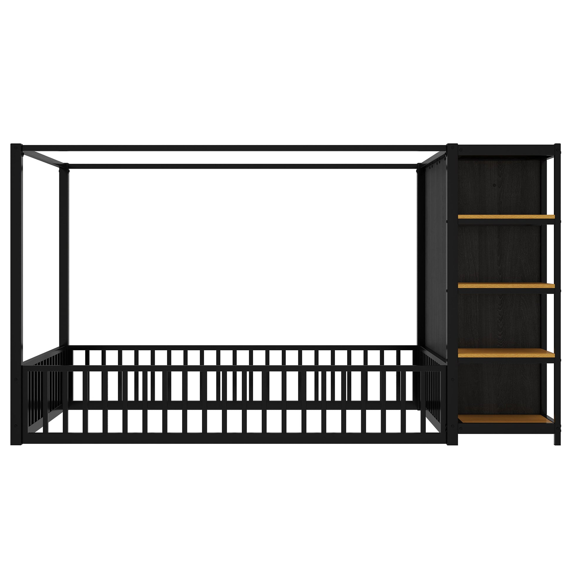 Full Size Floor Bed Frame With Wardrobe, Metal Floor Bed With Storage Shelves, Black Full Black Metal