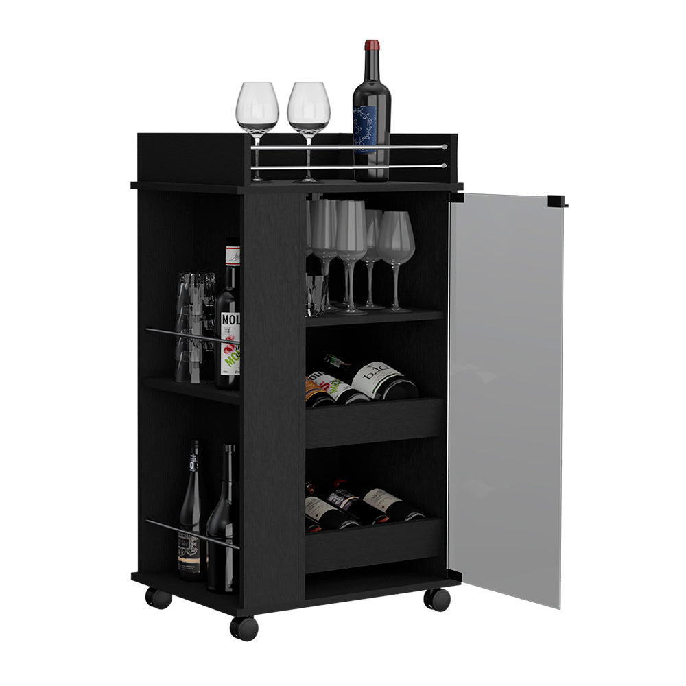 Baltimore Bar Cart With Casters, Glass Door And 2 Side Shelf Black Primary Living Space Modern Particle Board Shelves Included Engineered Wood