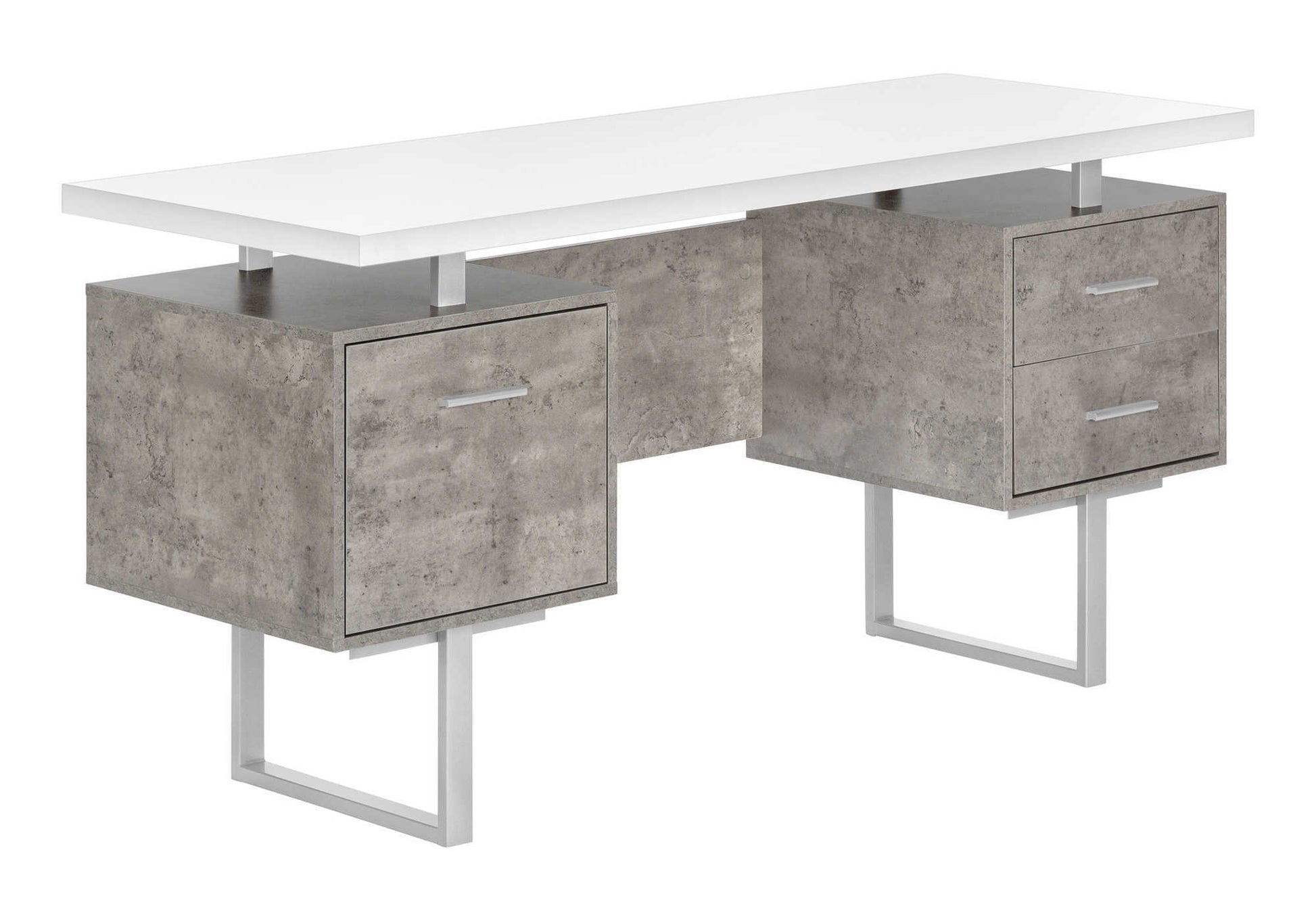 Computer Desk, Home Office, Laptop, Left, Right Set Up, Storage Drawers, 60"L, Work, White And Grey Concrete Laminate, Grey Metal, Contemporary, Modern White Particle Board