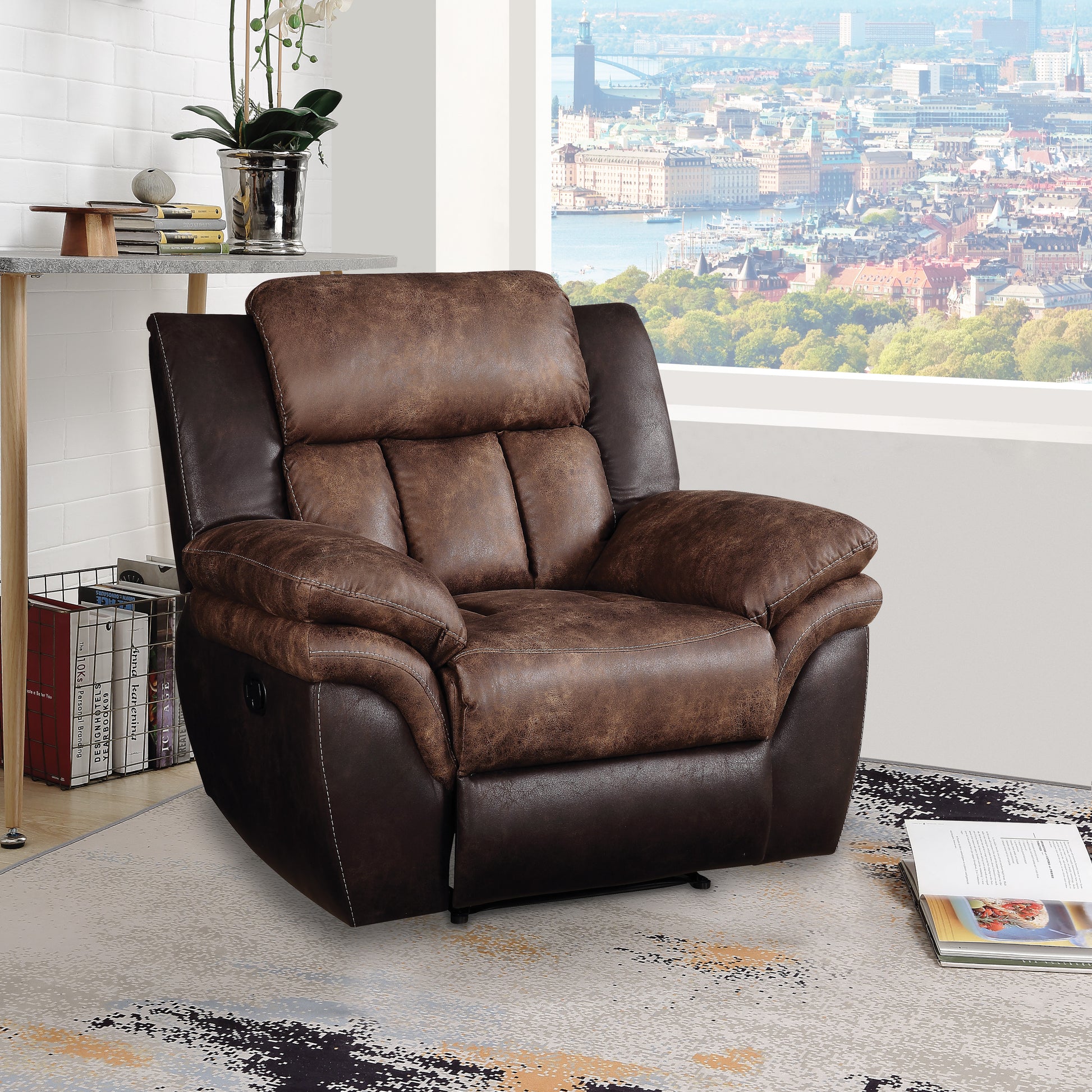 Toffee And Espresso Polished Tufted Recliner Espresso Microfiber Manual Handle Metal Primary Living Space Tight Back Handle Pillow Top Arms Wood Fabric