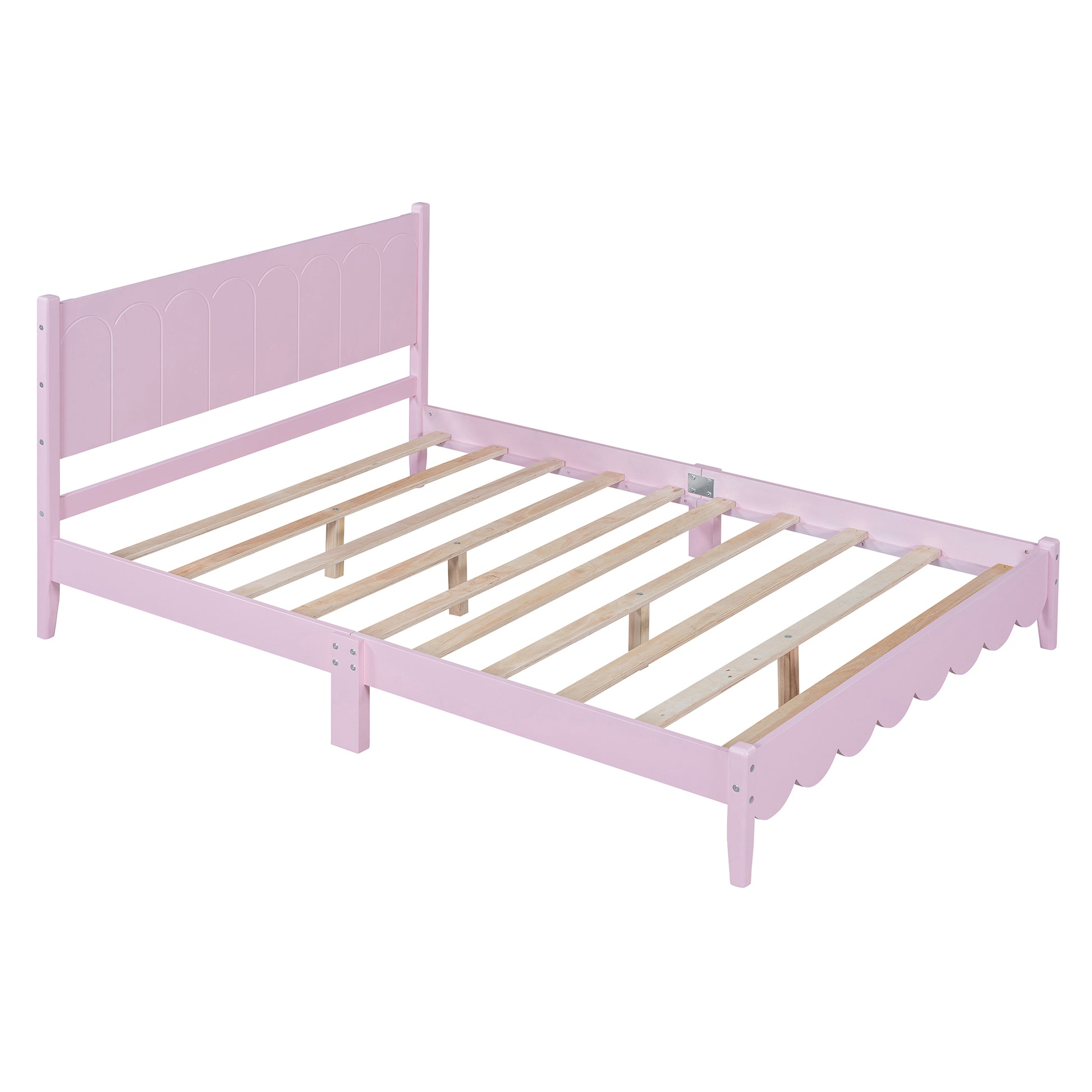 Full Size Wood Platform Bed Frame, Retro Style Bed With Rectangular Headboard,No Need Box Spring,Pink Full Pink Wood