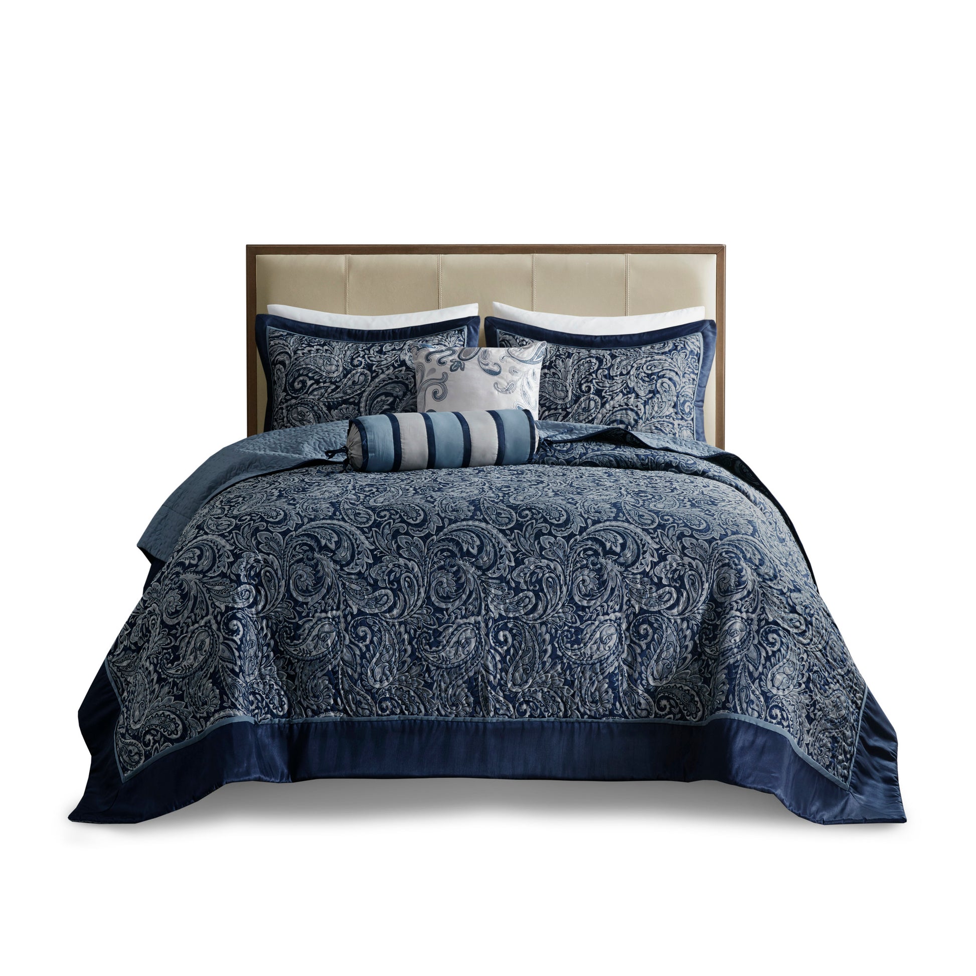 5 Piece Jacquard Bedspread Set With Throw Pillows Navy Queen Queen Navy Cotton