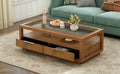 Modern Wood Coffee Table With 2 Drawers ,Minimalist Display Coffee Table With Transparent Tempered Glass, Open Storage Shelf For Living Room Brown Solid Wood Mdf