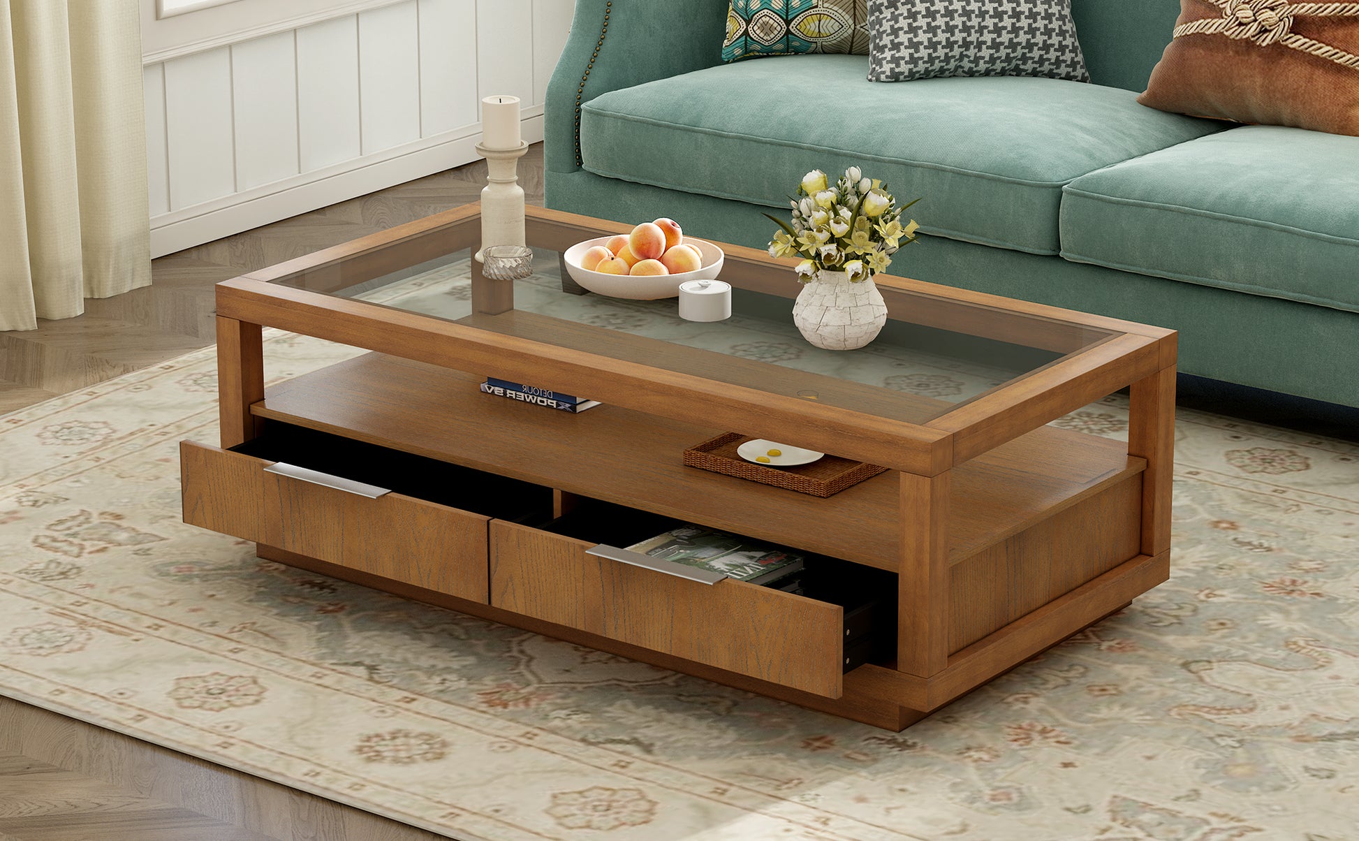 Modern Wood Coffee Table With 2 Drawers ,Minimalist Display Coffee Table With Transparent Tempered Glass, Open Storage Shelf For Living Room Brown Solid Wood Mdf