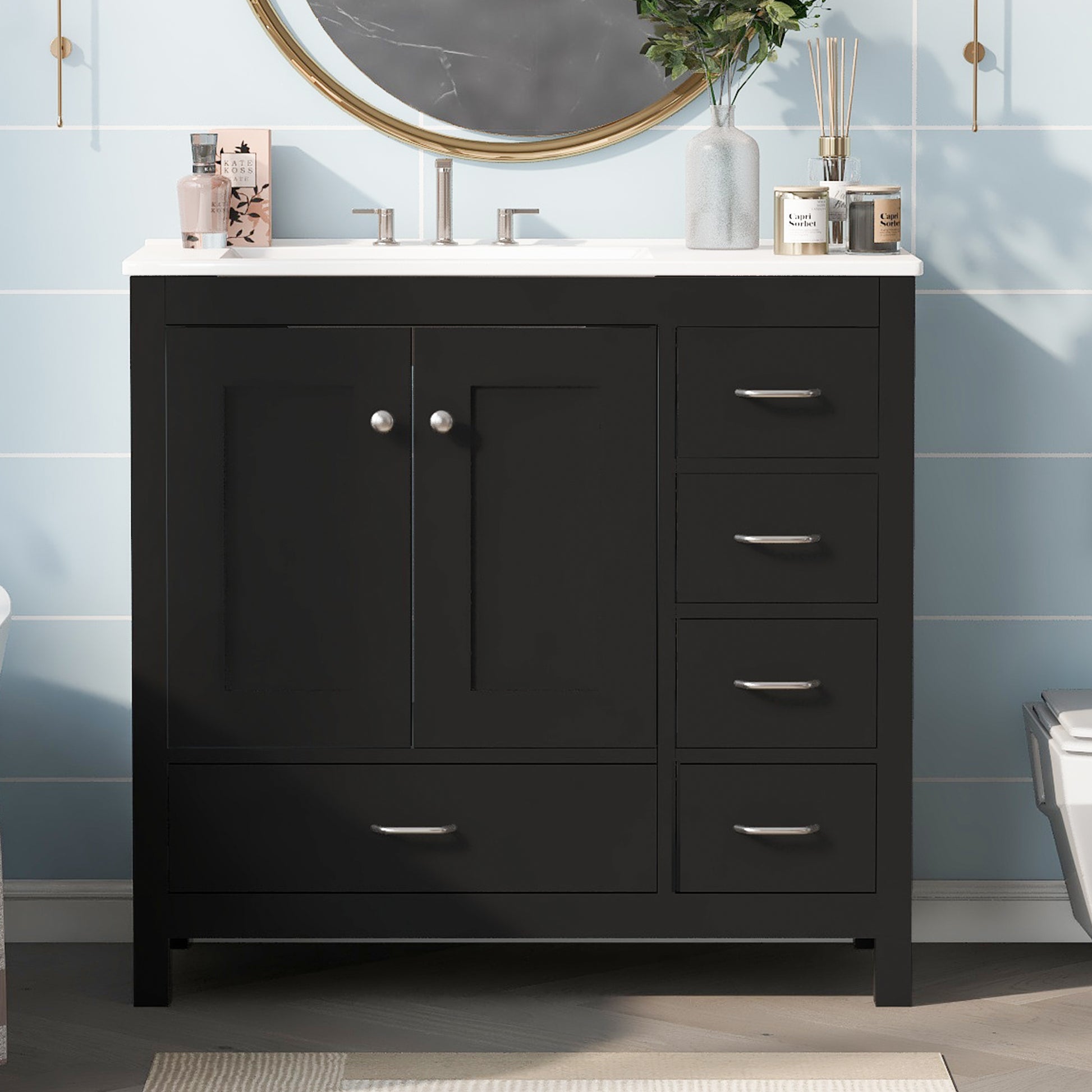 36" Black Bathroom Vanity With Ceramic Sink Combo, Abundant Storage Cabinet 2 Soft Close Doors And 5 Drawers Black Bathroom Solid Wood Mdf