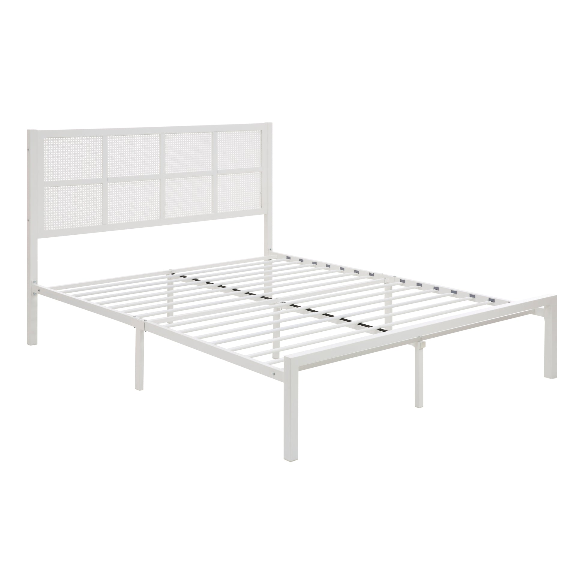 1Pc Full Platform Bed, Metal Frame White Finish Faux Cane Panel Headboard Casual Coastal Bedroom Furniture, Bed In A Box Box Spring Not Required Full White Metal Bedroom Casual,Coastal Metal