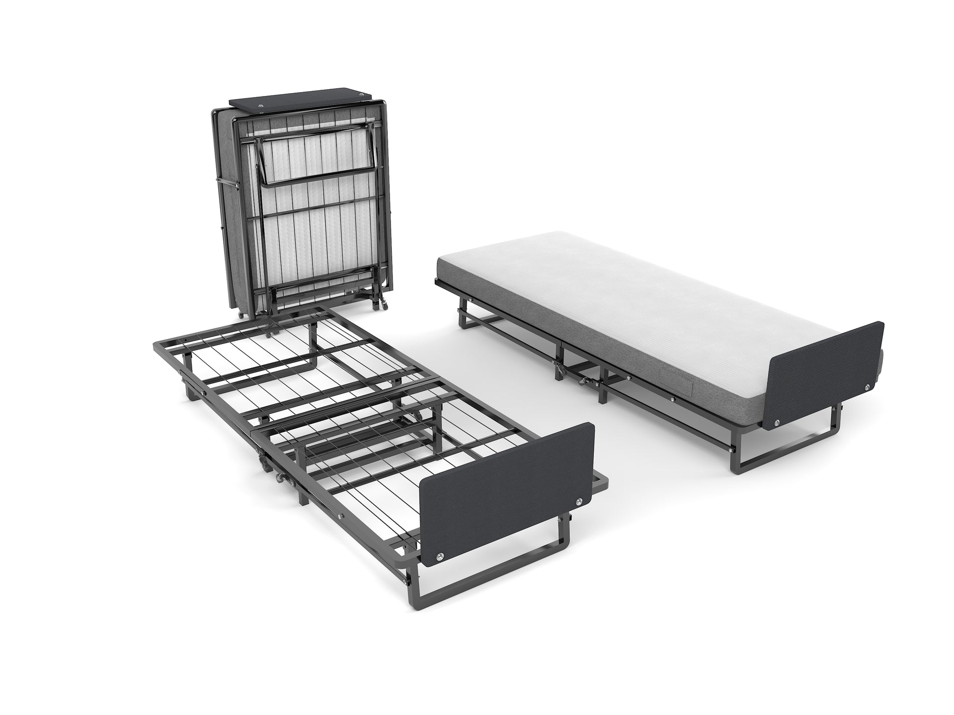 Metal Folding Bed Frame With Foam Mattress Of Pockets, Easy Storage And Movable With 4 Castors Twin Box Spring Not Required Black Metal Bedroom Minimalist,Modern Bed Frame Foam Cotton Foam