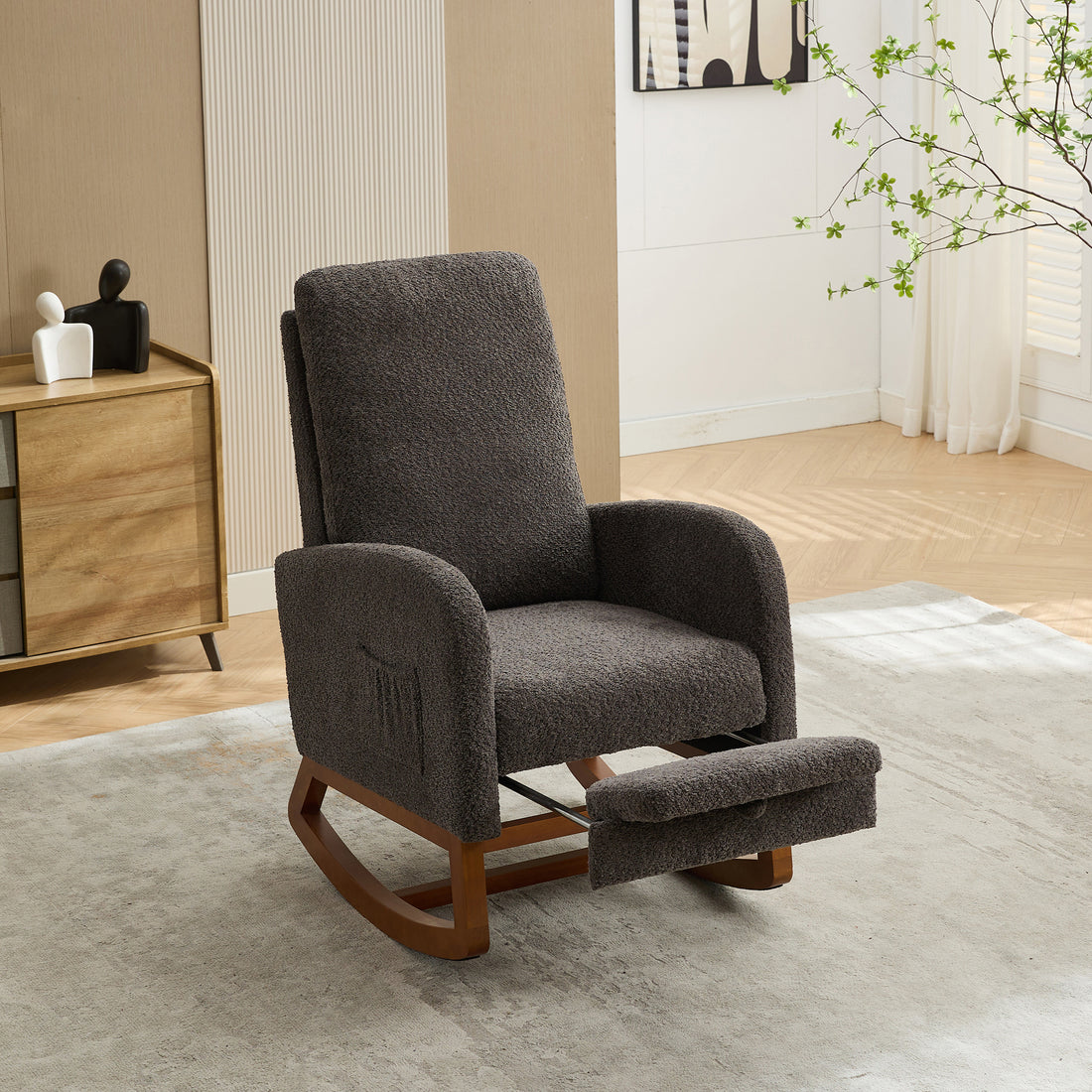 25.4"W Rocking Chair For Nursery, High Back Glider Chair With Retractable Footrest, Side Pocket, Rocking Accent Armchair With Rubber Wood Legs For Living Room Bedroom.Charcoal Charcoal Boucle