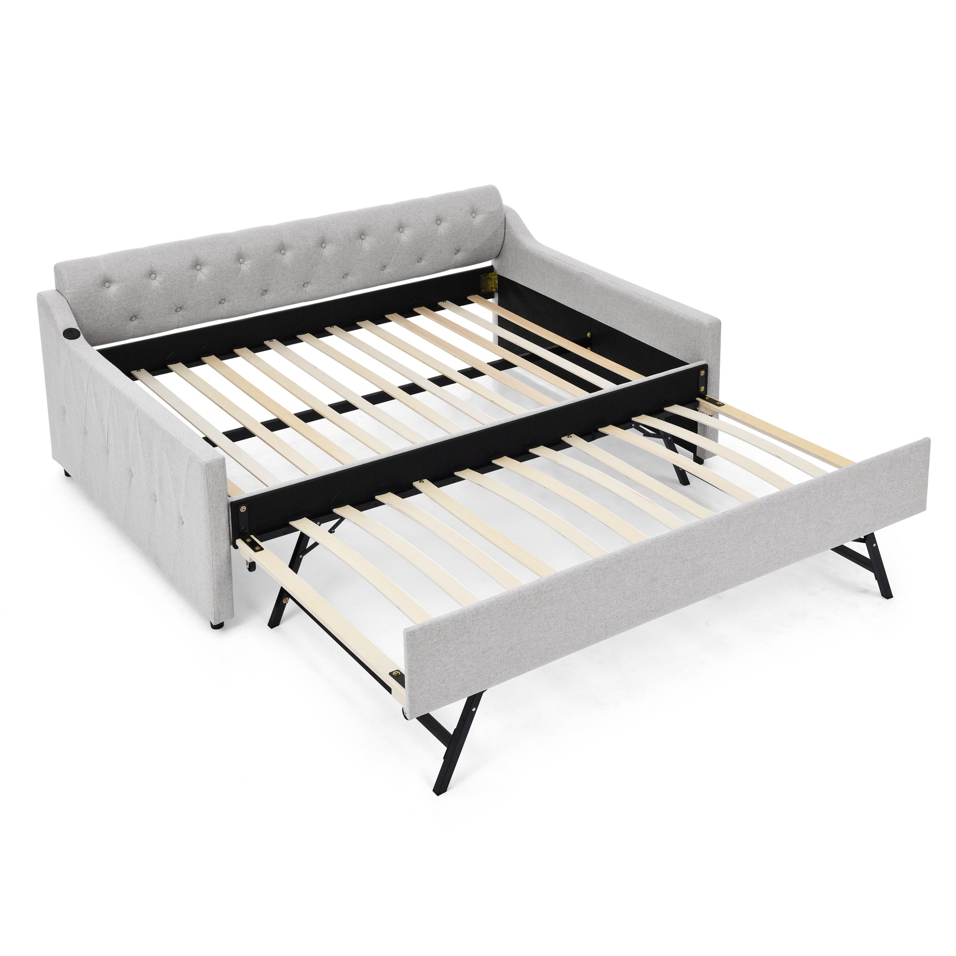 Full Size Upholstery Daybed With Twin Size Erectable Trundle And Usb Charging Design, Linen Beige Box Spring Not Required Full Beige Bedroom Linen Linen