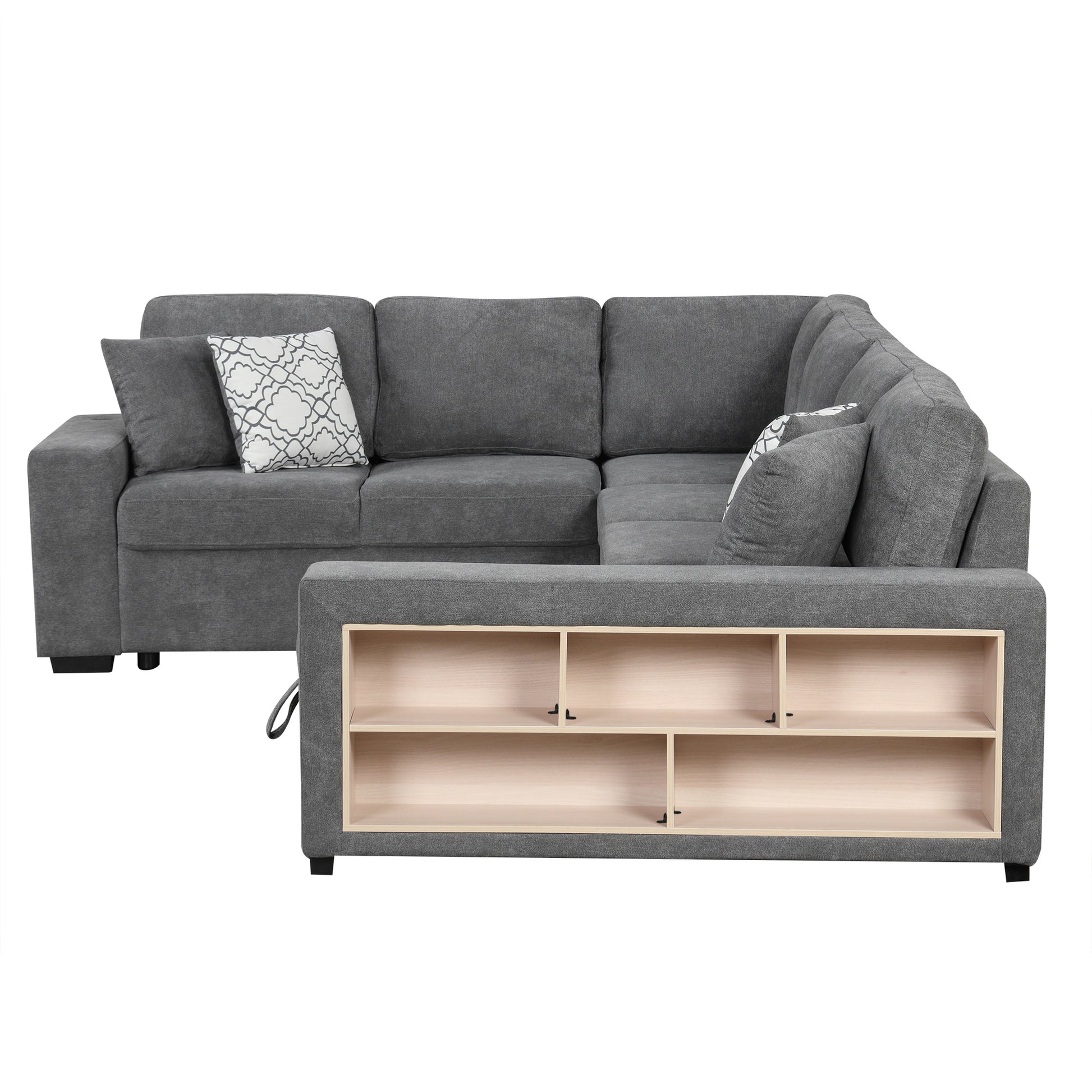 109" U Shaped Sectional Sofa Pull Out Sofa Bed With Two Usb Ports, A Storage Chaise Lounge And Four Back Pillows For Living Room, Grey Grey Foam Chenille 5 Seat