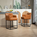 Coolmore Counter Height Bar Stools Set Of 2, Modern Barrel Bar Stool With Backrest And Arms, Black Metal Frames, Upholstered Bar Stools For Kitchen Island, Pub, Club Light Brown Foam Pu Leather