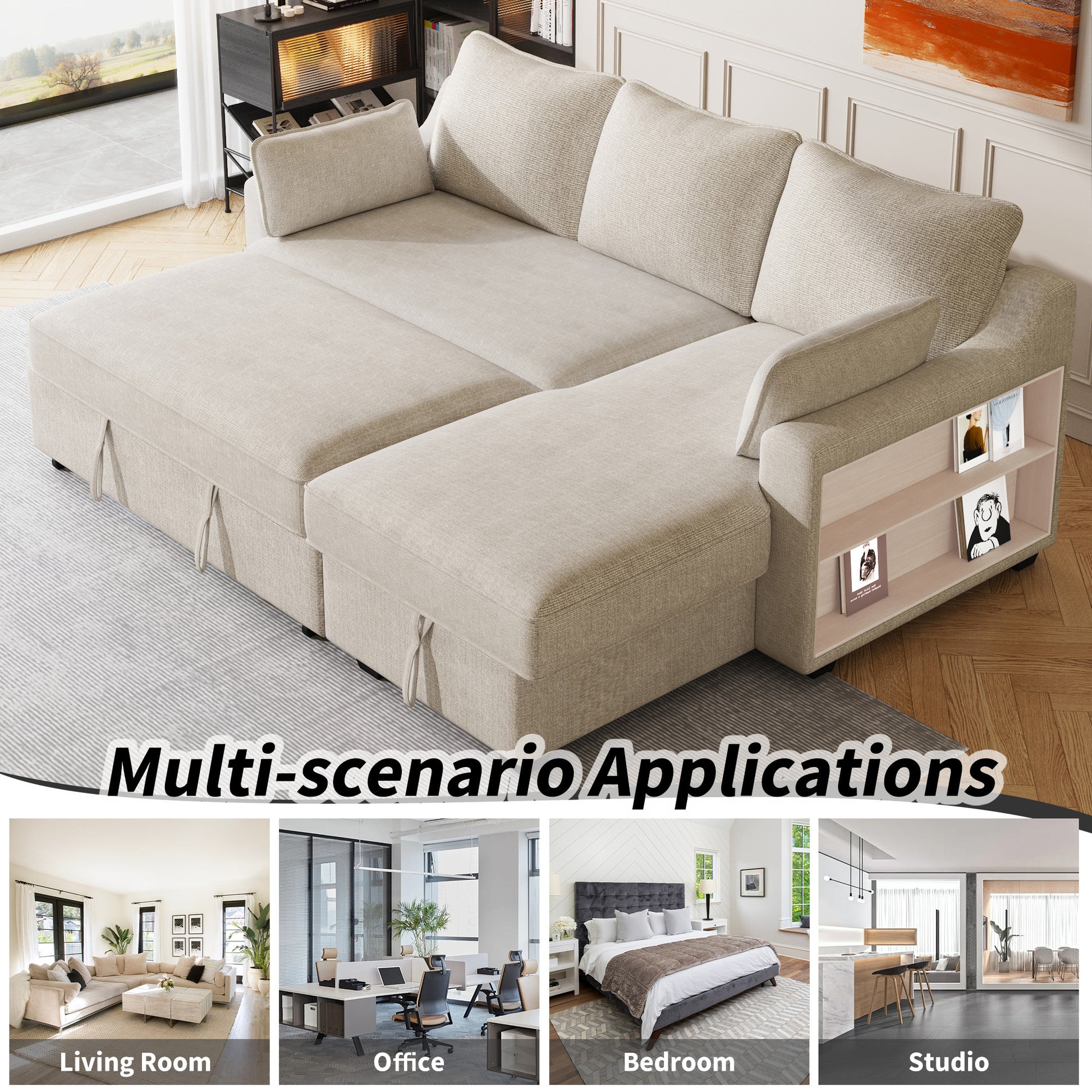 90" Pull Out Sleeper Sofa L Shaped Couch Convertible Sofa Bed With Storage Chaise, Storage Racks And Usb Ports Sg001340Aa , Beige Beige Foam Chenille 3 Seat