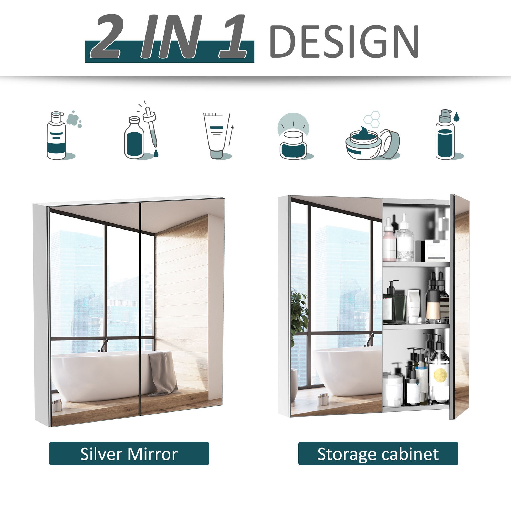 Kleankin Bathroom Mirrored Cabinet, 24"X26" Stainless Steel Frame Medicine Cabinet, Wall Mounted Storage Organizer With Double Doors, Silver Silver Stainless Steel