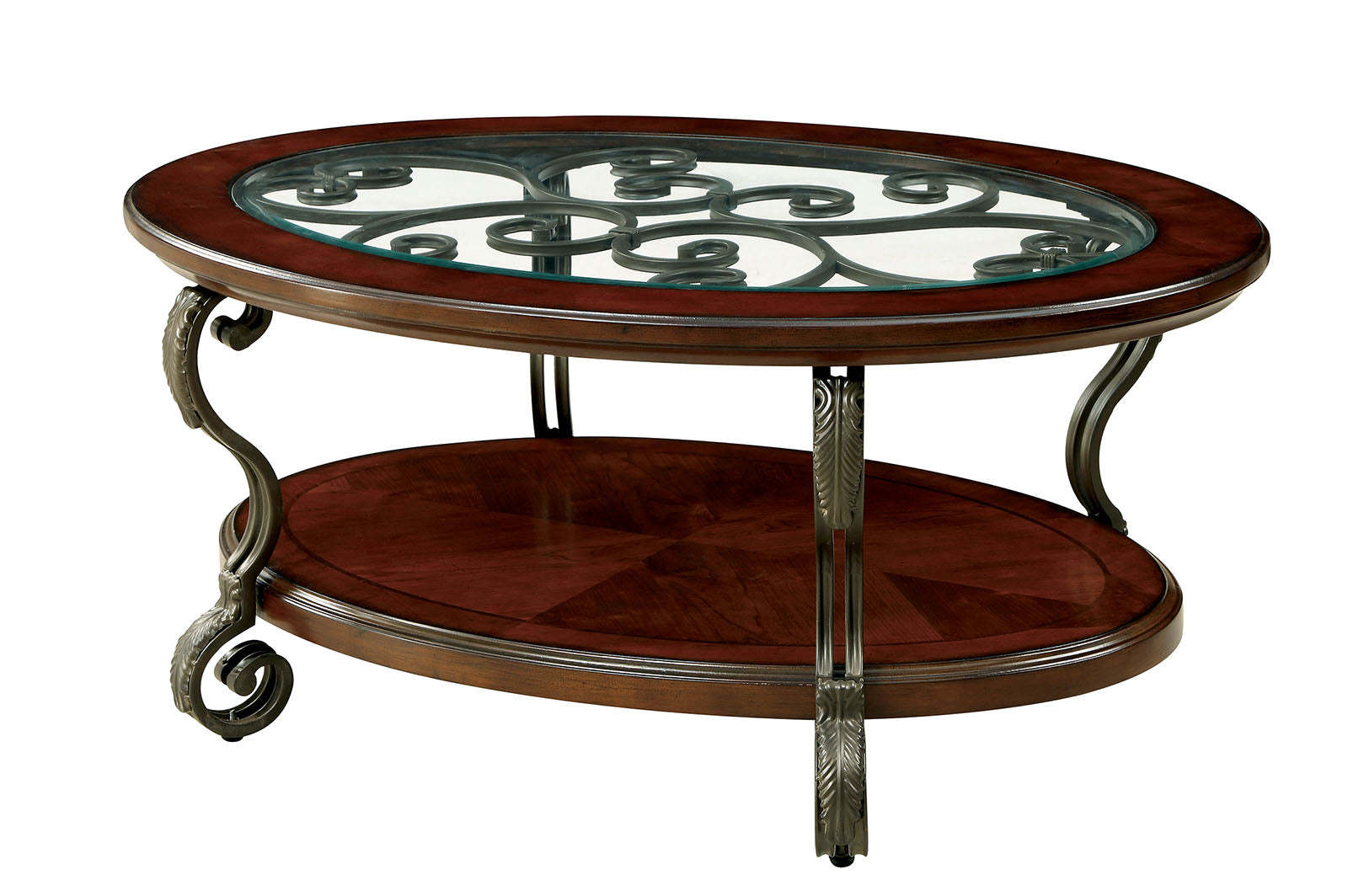 Traditional Style Brown Cherry 1Pc Coffee Table Open Bottom Shelf Ornate Design Glass Top Living Room Furniture Brown Multi Brown Primary Living Space Classic,Contemporary,Ornate Traditional,Traditional Open Storage Oval Coffee & End Tables Solid Wood