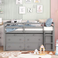 Full Size Loft Bed With Retractable Writing Desk And 4 Drawers, Wooden Loft Bed With Lateral Portable Desk And Shelves, Gray Full Gray Solid Wood Mdf