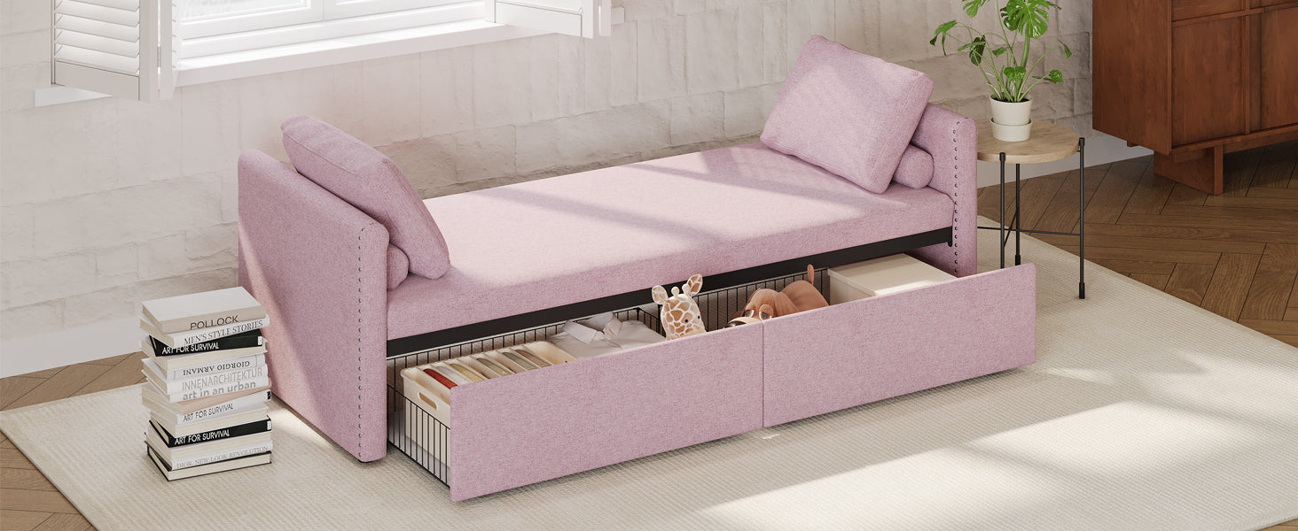 Modern Upholstered Chaise Lounger Daybed Small Single Daybed With 2 Drawers, No Mattress Needed, Perfect For Living Rooms & Home Office, Linen Fabric, Pink Pink Linen