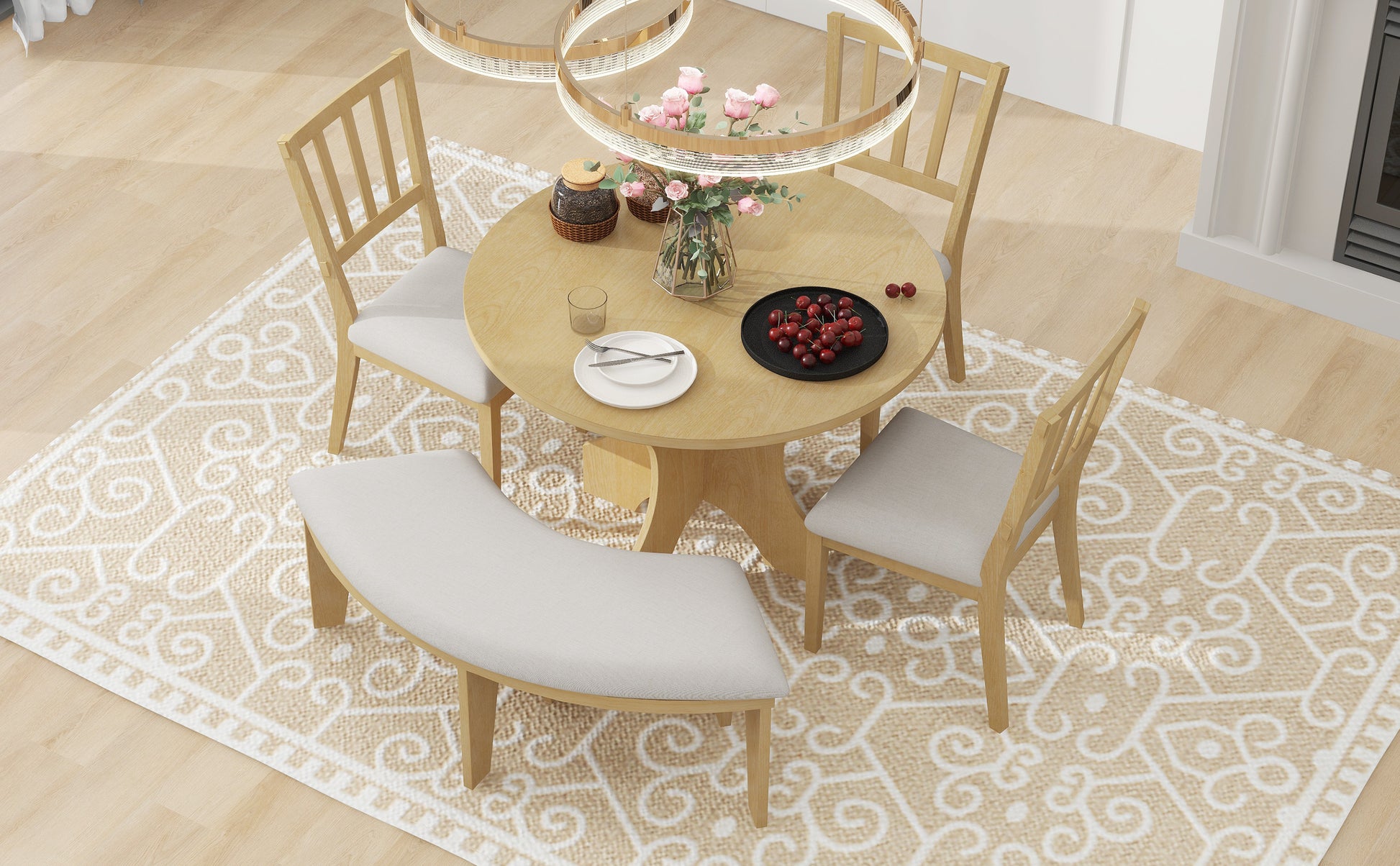 5 Piece Rustic Charm Round Dining Set With 3 Upholstered Chairs And Curved Bench For Dining Room, Kitchen And Living Room Natural Natural Rubber Wood