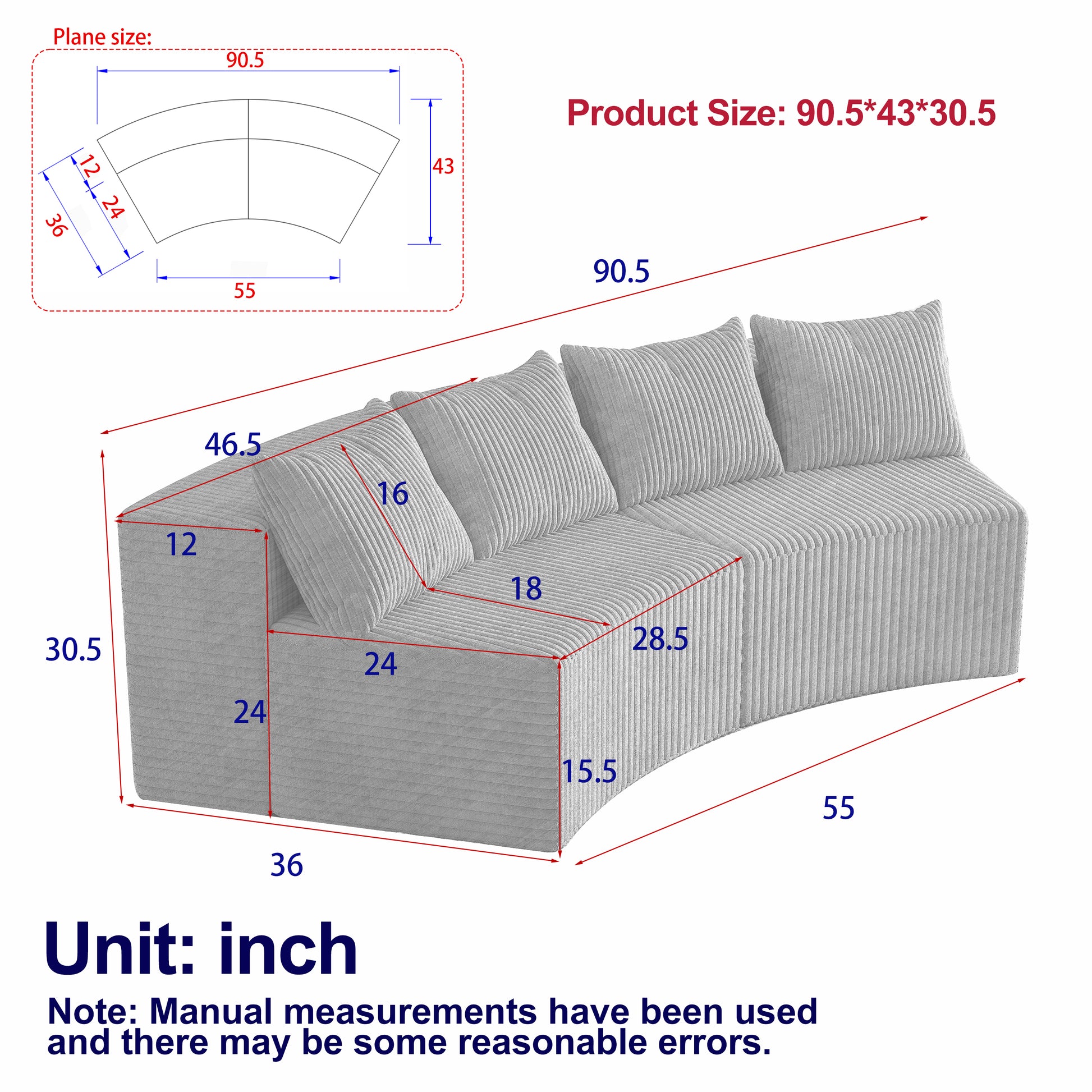 Corduroy Curved Sectional Sofa With Four Pillows,Curved Symmetrical Modular Semi Circular Sofa Sectional For Bedroom, Living Room, Office For Leisure Or Nap, Reading Room, And Lobby Two Modules