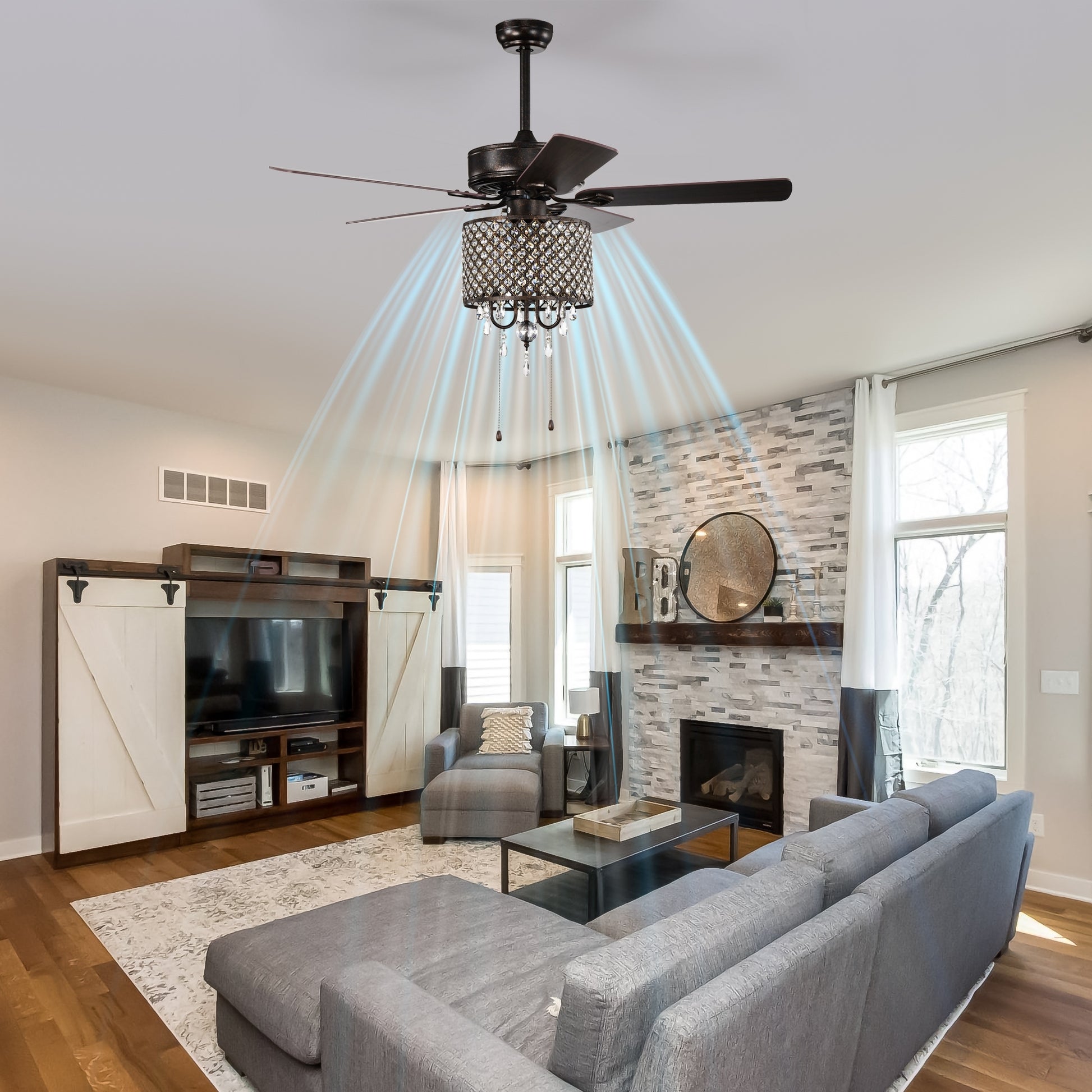 52'' Classical Crystal Ceiling Fan Lamp,3 Speed5 Reversible Blades For Living Room, Dining Room, Bedroom, Family Room, Rustic Bronze ,3Pcs*E12 No Include Bulb Hand Pull Chain Rustic Brown American Traditional,Antique,Classic,Contemporary Crystal Metal