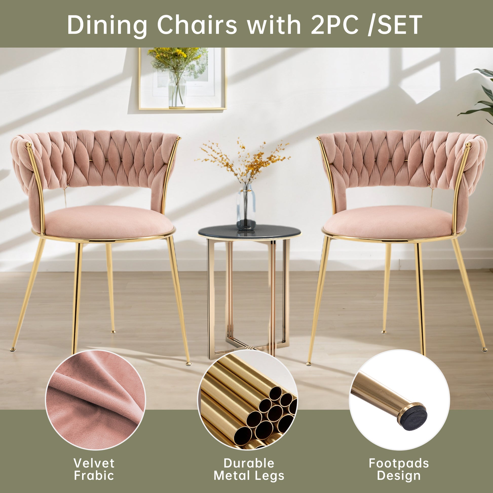 Coolmore Velvet Dining Chairs Set Of 2, Woven Upholstered Dining Chairs With Gold Metal Legs, Modern Accent Chairs For Living Room, Dining Room, Kitchen Pink Velvet Pink Foam Velvet