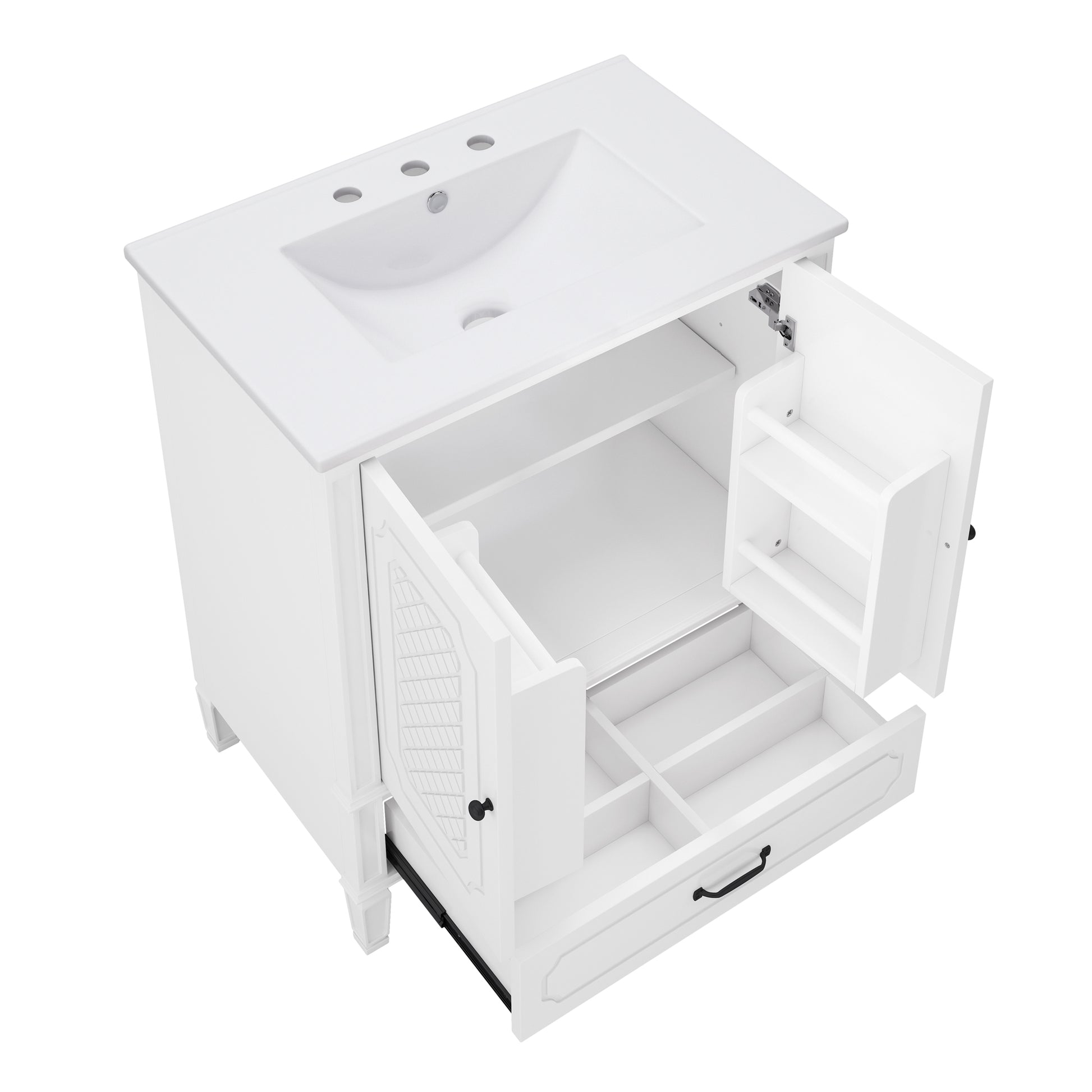 30" Bathroom Vanity With Sink Vintage Style, Multi Functional Storage Space, Door Shelf, Soft Closing Door, White White Acacia Wood,Ceramic Mdf