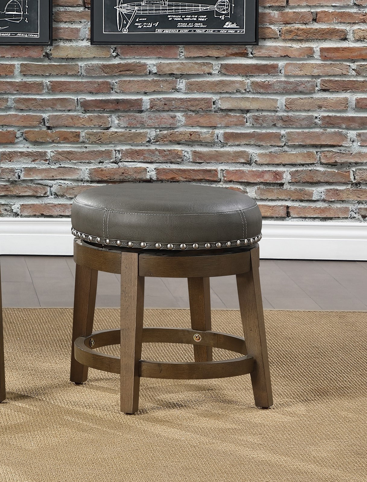 Round Swivel Stools Set Of 2, Gray Faux Leather 360 Degree Swivel Seat Trim Solid Wood Frame Brown Finish Furniture Brown Gray Dining Room Round Solid Wood