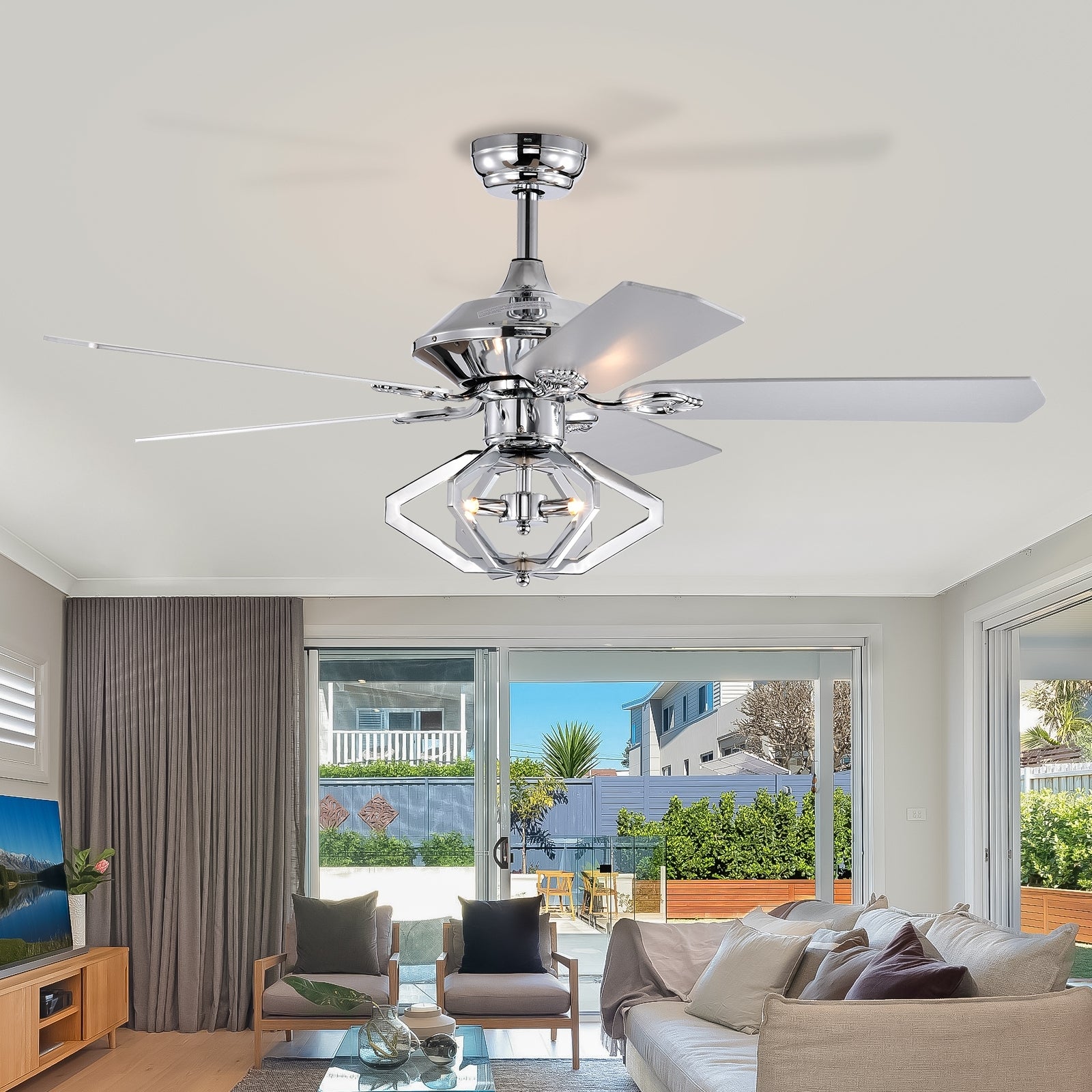 52" Dual Wood 5 Blade Crystal Ceiling Fan With Remote Chrome American Design,American Traditional,Classic,Contemporary,Farmhouse Plywood Metal