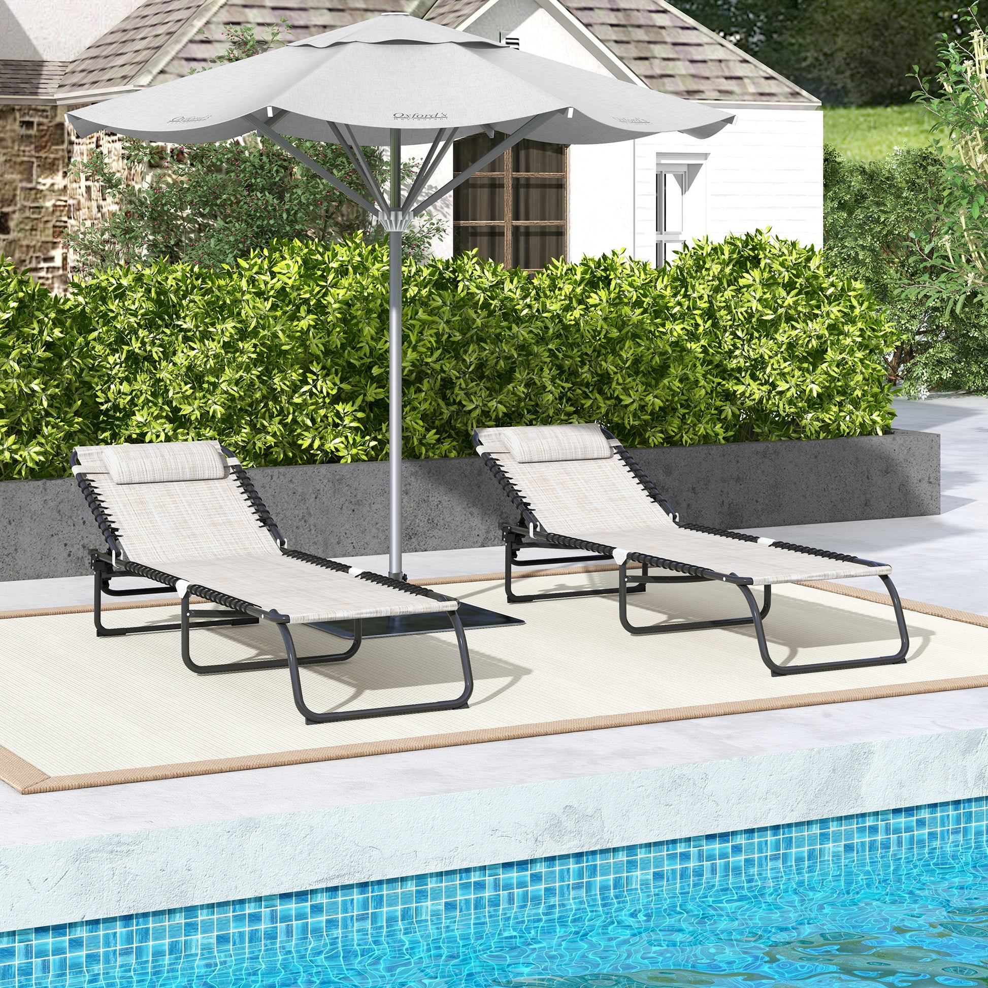 Outsunny Folding Chaise Lounge Pool Chair Set Of 2, Patio Sun Tanning Chair, Outdoor Lounge Chair With 4 Position Reclining Back,Mesh Seat For Beach, Yard, Patio, Cream Cream White Steel