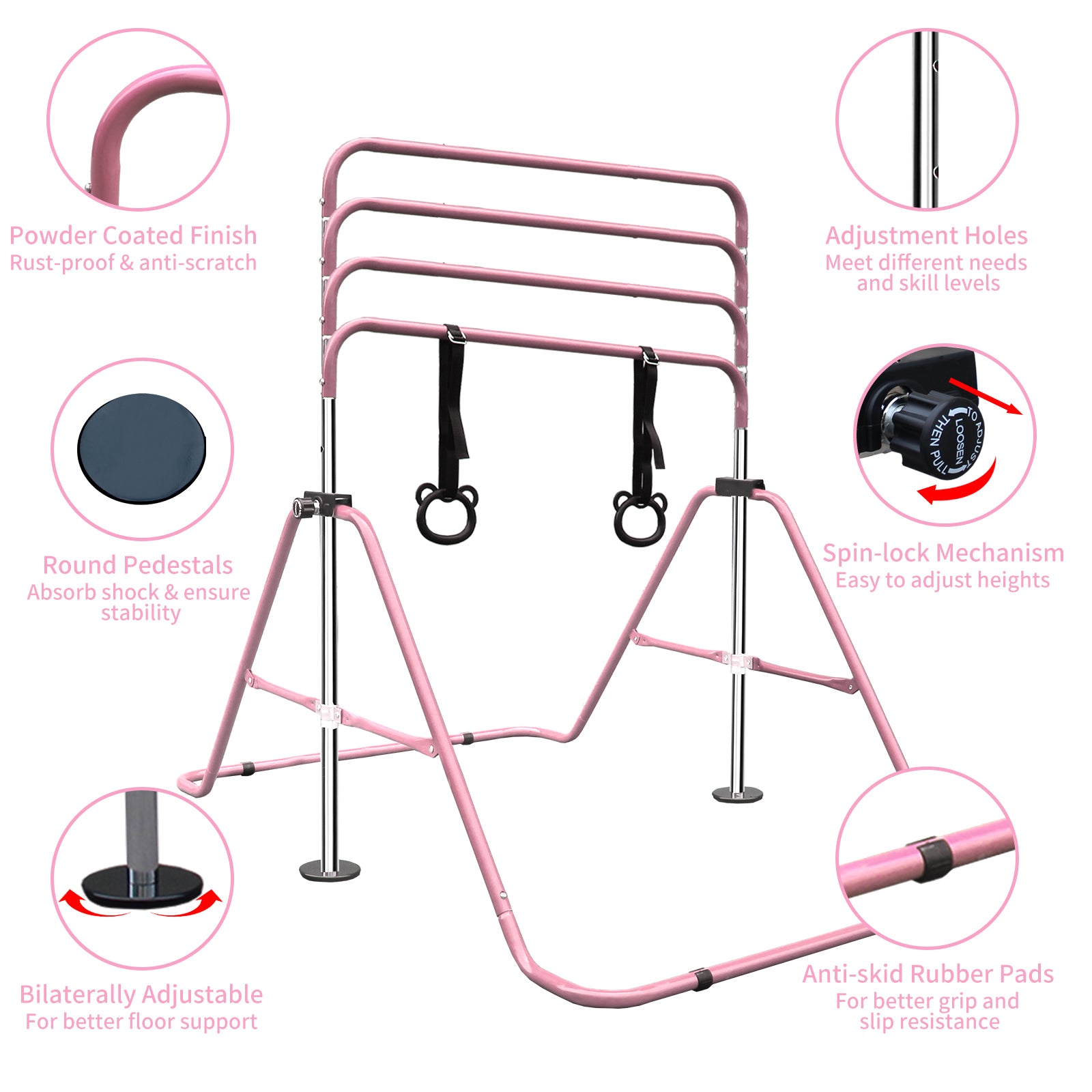 Multi Functional Adjustable Height Children'S Horizontal Gymnastic Bar With Bear Rings Pink Steel