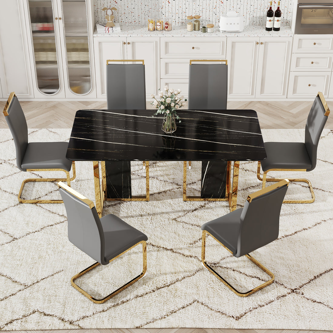 Table And Chair Set. Modern Dining Table With Mdf Top And Beautiful Mdf Legs. Equipped With Comfortable Pu Chairs And Metal Legs. Suitable For A Wide Range Of Decorative Styles. Black,Gray Seats 6 Mdf