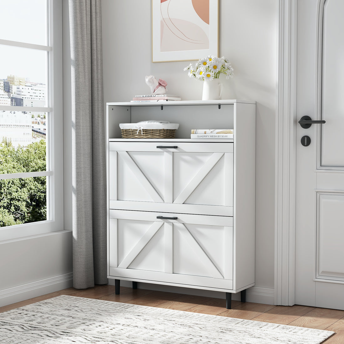 Farmhouse Shoe Storage Cabinet With Barn Door Design, Shoe Organizer With 2 Flip Drawers, Freestanding Narrow Shoe Rack Cabinet With Open Storage For Entryway,Foyer,Hallway, Antique White Freestanding 1 2 Drawers Barn Door Antique White Primary Living