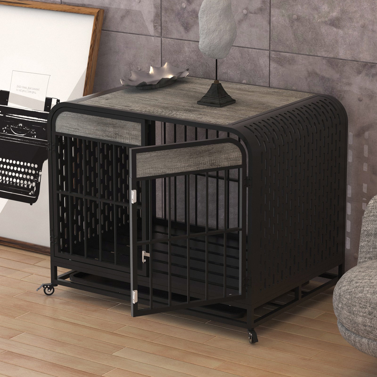 Heavy Duty Dog Crate Furniture Wooden Table Pet Dog Cage Kennel House Indoor Side End Table Decor With Removable Trays And Lockable Wheels For Small Dogs 33" Grey Grey Outdoor Kennel Small 11 25 Lbs Mdf Steel