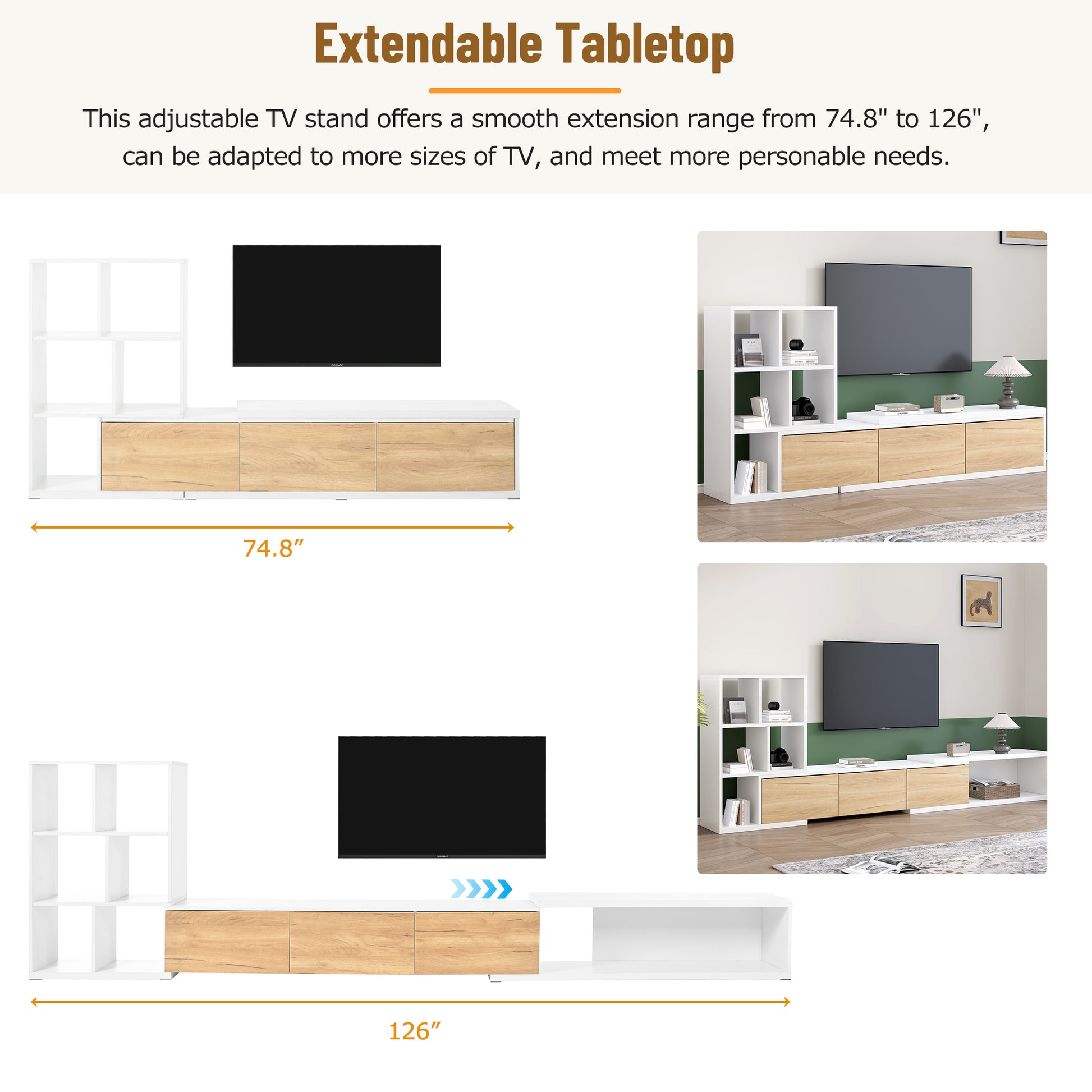 74.8'' 126'' Extendable Tv Stand With 3 Tier Bookshelves For Tvs Up To 110'', Adjustable Entertainment Center With Storage Cabinets, Sliding Tabletop Media Console For Living Room, White White