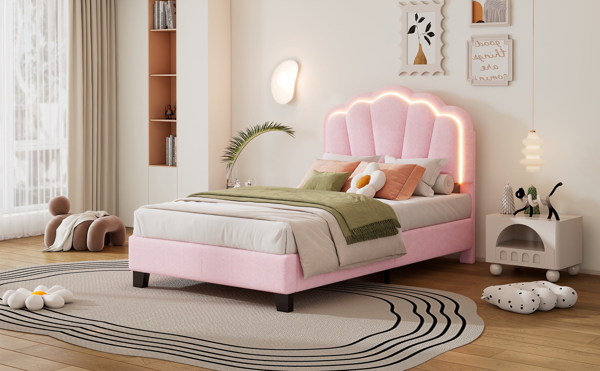 Twin Size Upholstered Flower Shape Bed, Elegant Flowers Headboard With Led Light Strip ,Sherpa Fabric Platform Bed With Wooden Slats Support, Pink Twin Pink Wood